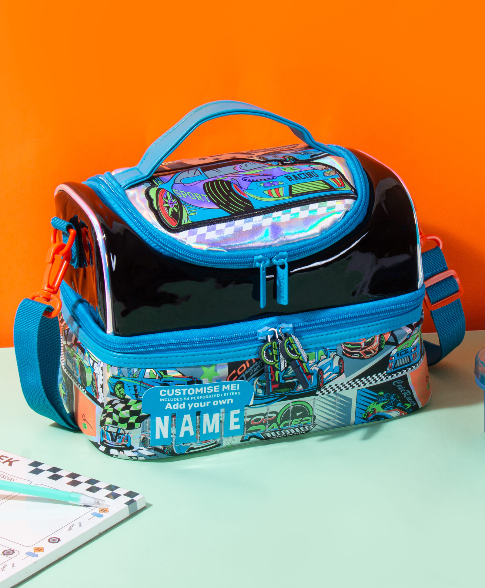 Kidgets Double Decker Cooler Insulated Customised Name Race Car Lunch Bag - 12 inches-picture-16