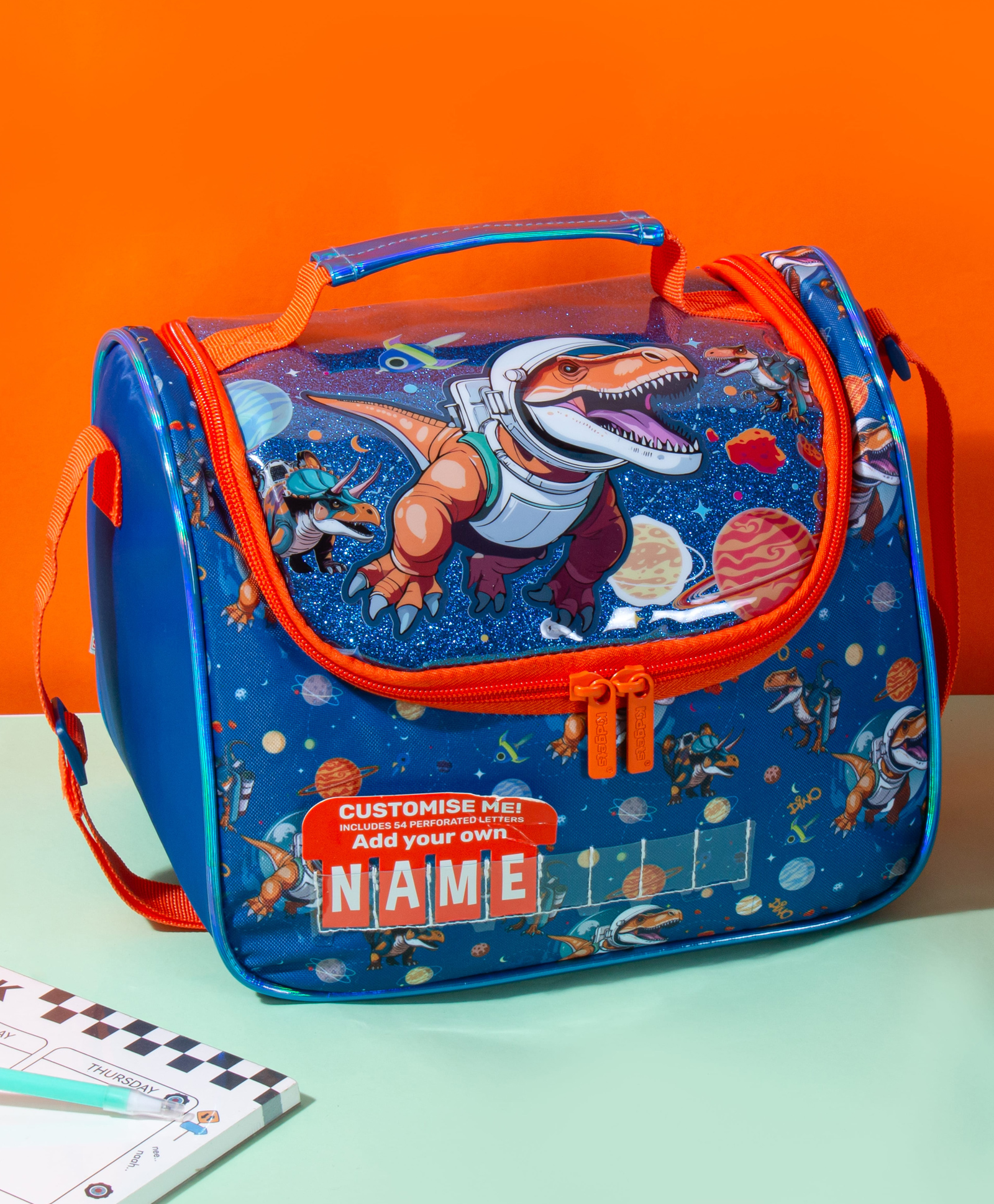 Kidgets Large Storage Cooler Insulated 180 Opening Customised Name Dino Lunch Bag - 10 inches-picture-12