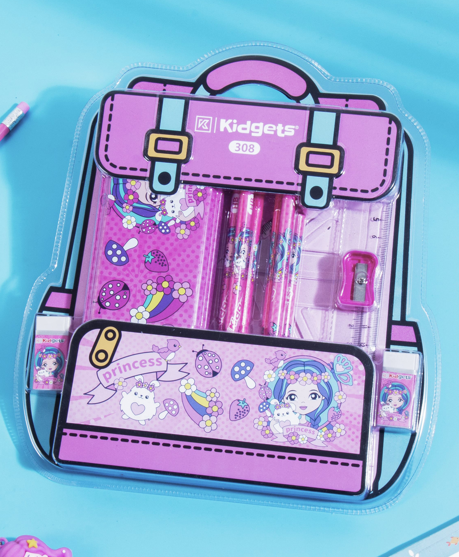 Kidgets Stationery Set Gifting For Kids Attractive Packaging Princess 6pc HB Pencil Pencil box sharpner stencil 2pc eraser-picture-21