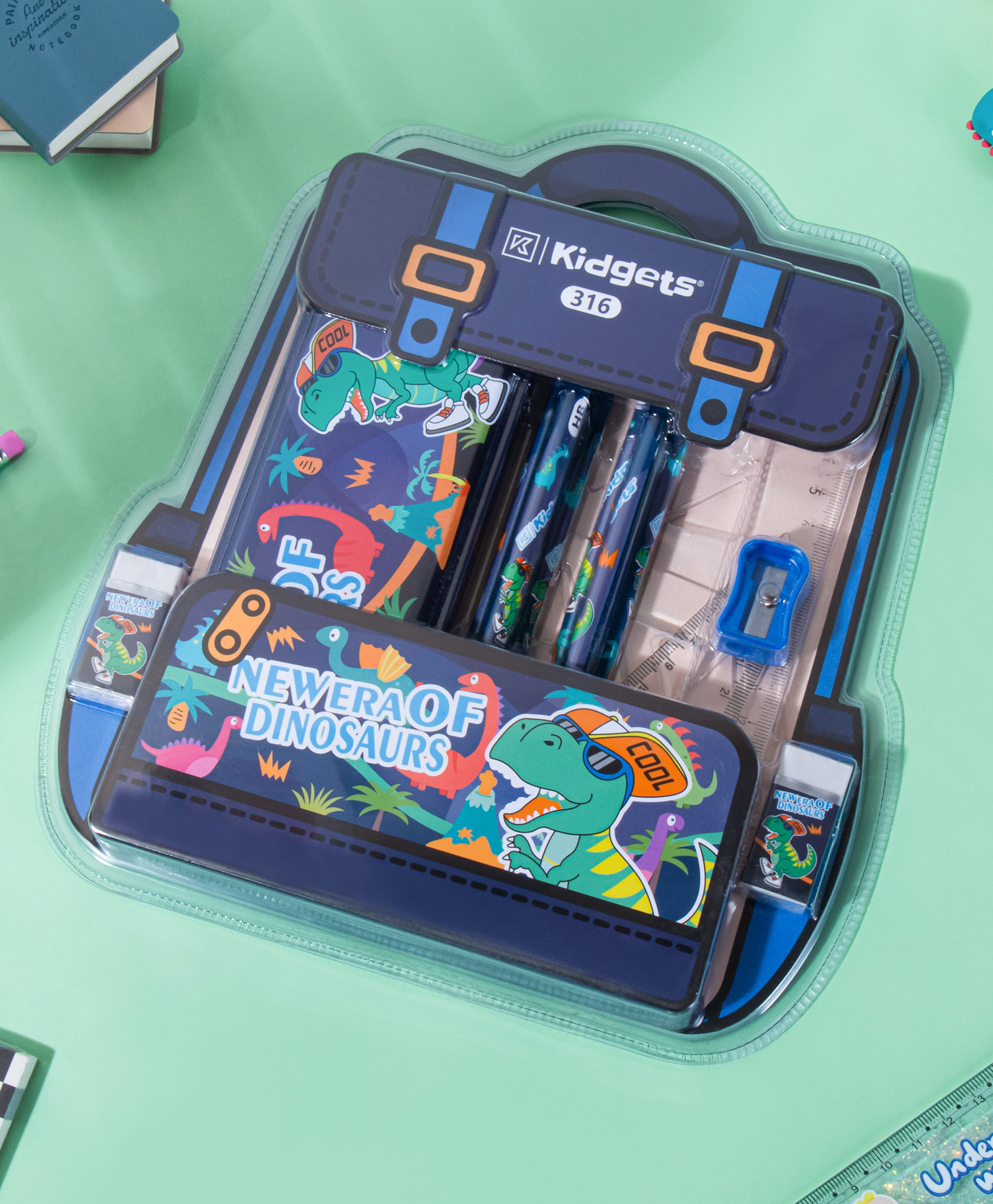 Kidgets Stationery Set Gifting For Kids Attractive Packaging Dino Theme 6pc HB Pencil Pencil box sharpner stencil 2pc eraser-image-48