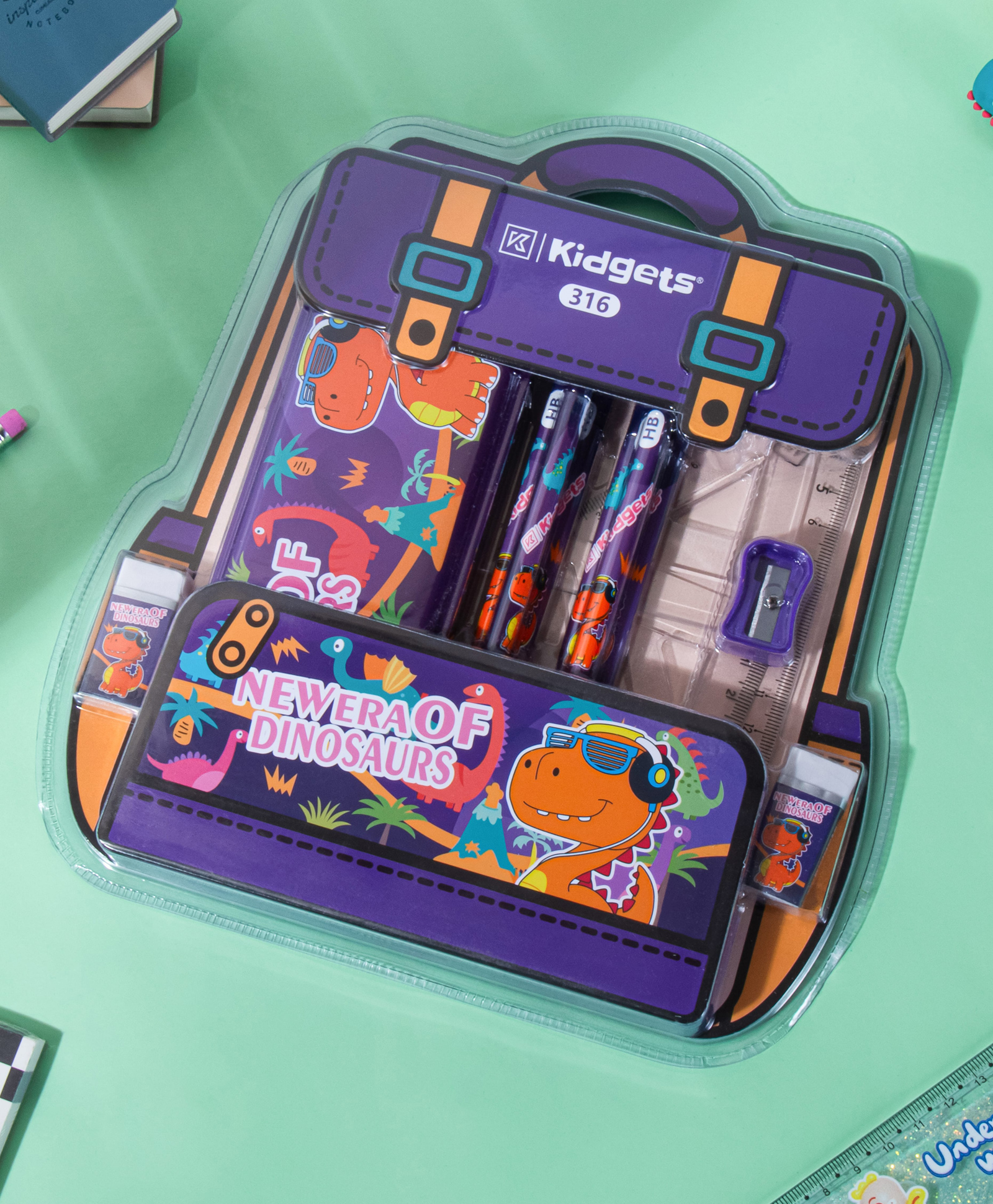 Kidgets Stationery Set Gifting For Kids Attractive Packaging Dino Theme 6pc HB Pencil Pencil box sharpner stencil 2pc eraser-picture-28