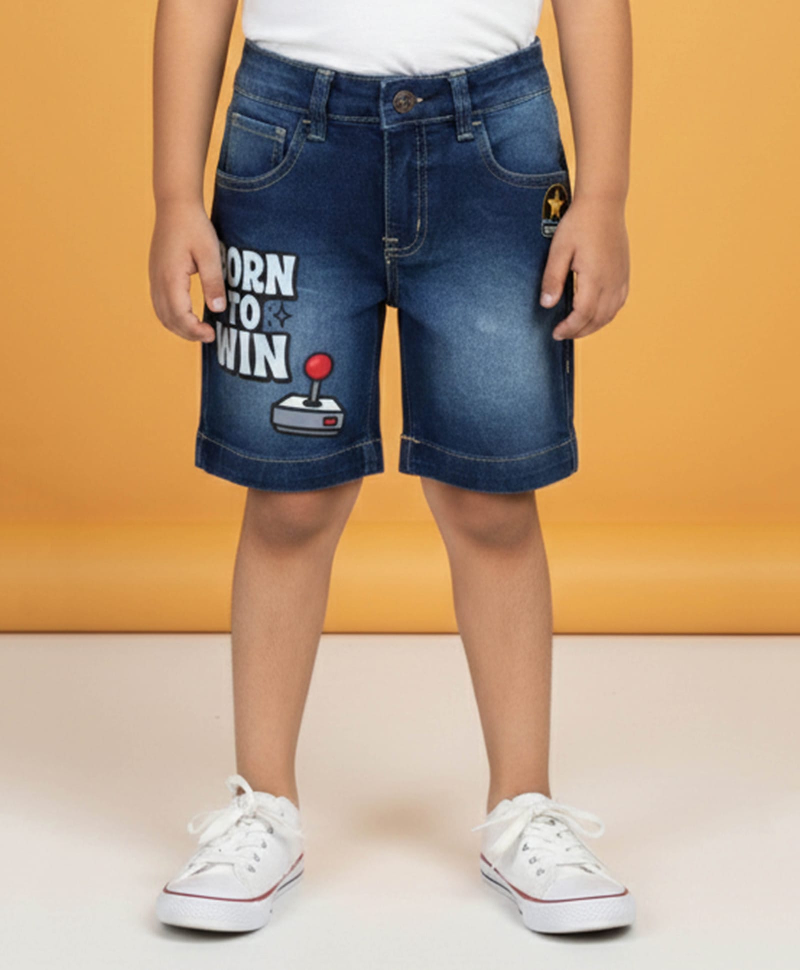Kiddopanti Denim Born To Win Text Printed Washed Shorts - Mid Wash Blue-picture-28