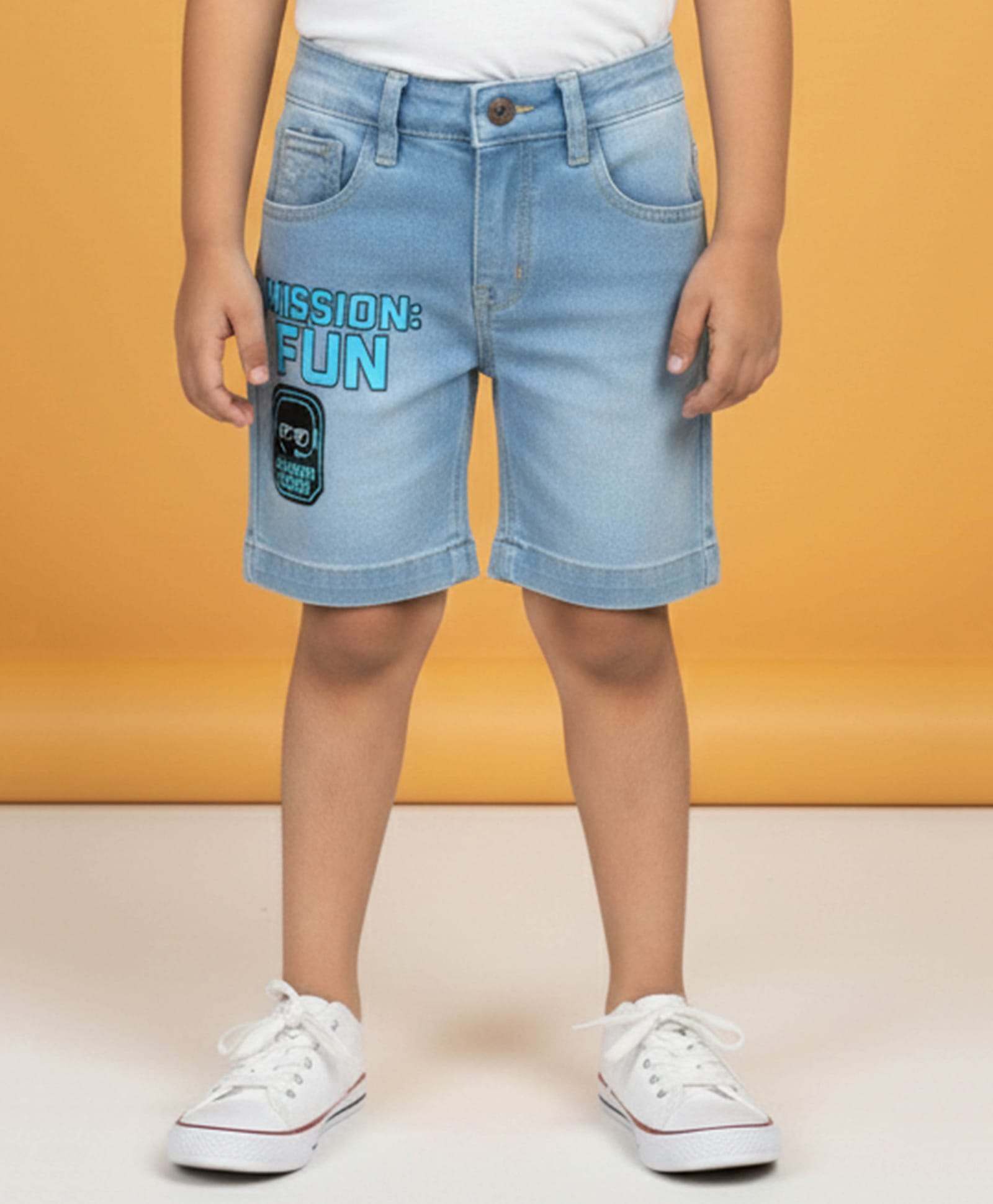 Kiddopanti Denim Mission Fun Text Printed Washed Shorts - Light Wash Blue-picture-27