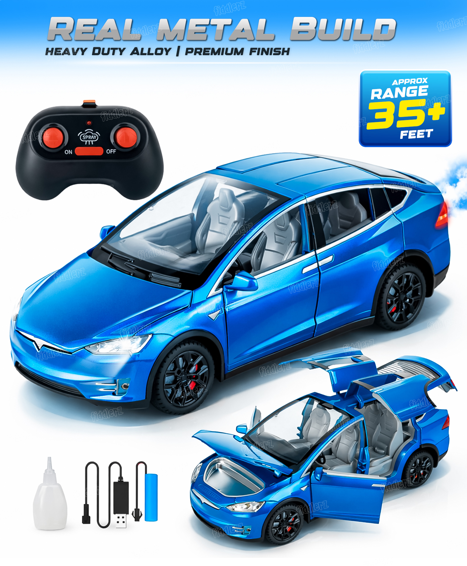Fiddlerz Diecast Remote Control Car Toy for Kids with Mist Spray Action High Speed RC Car Rechargeable RC Vehicle for Boys & Girls Age 3+ (Blue)-image-43