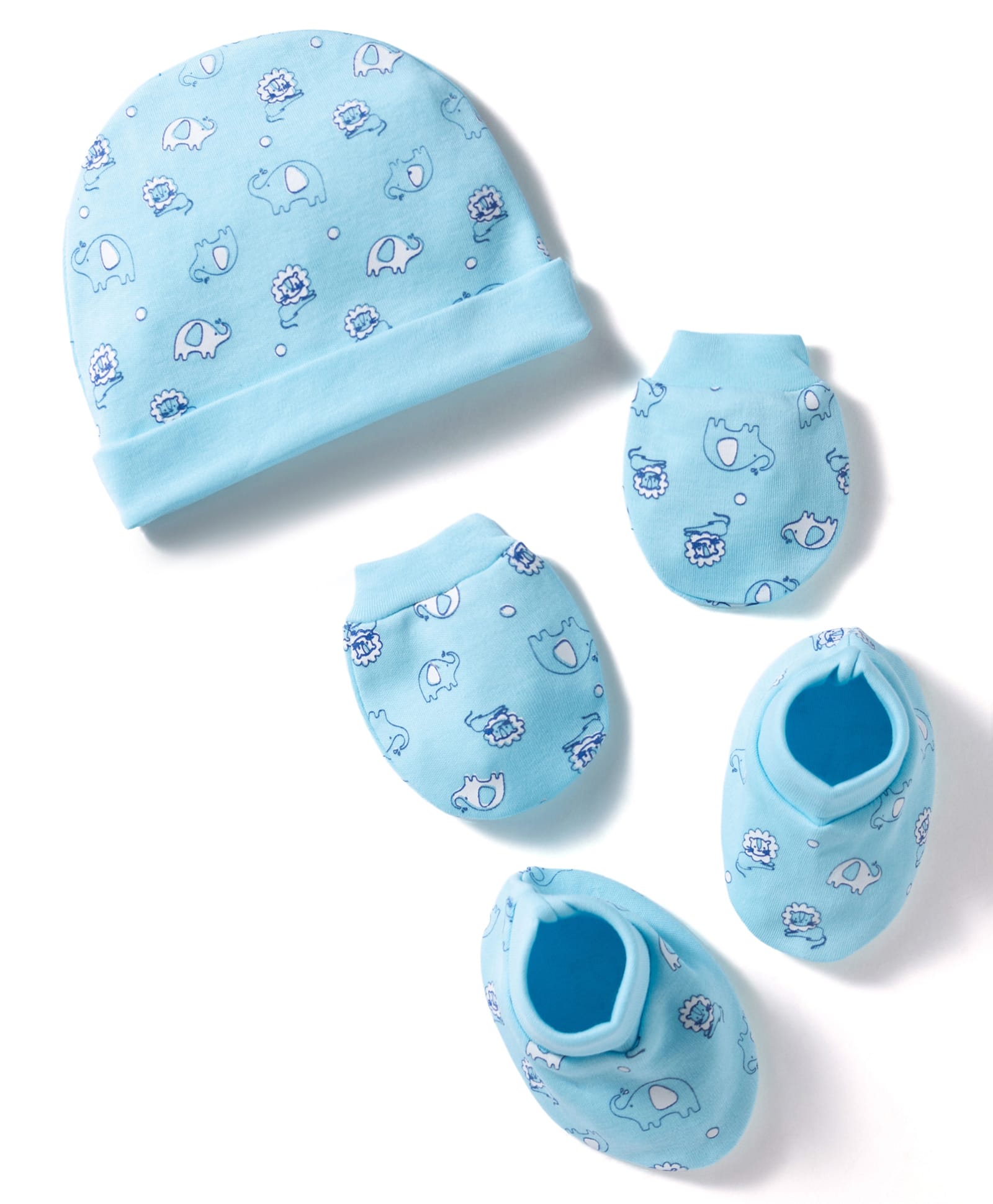 Doodle Poodle 100% Cotton Knit Animal Printed Cap Mittens & Booties Set Light Blue - Diameter 17 cm-image-46