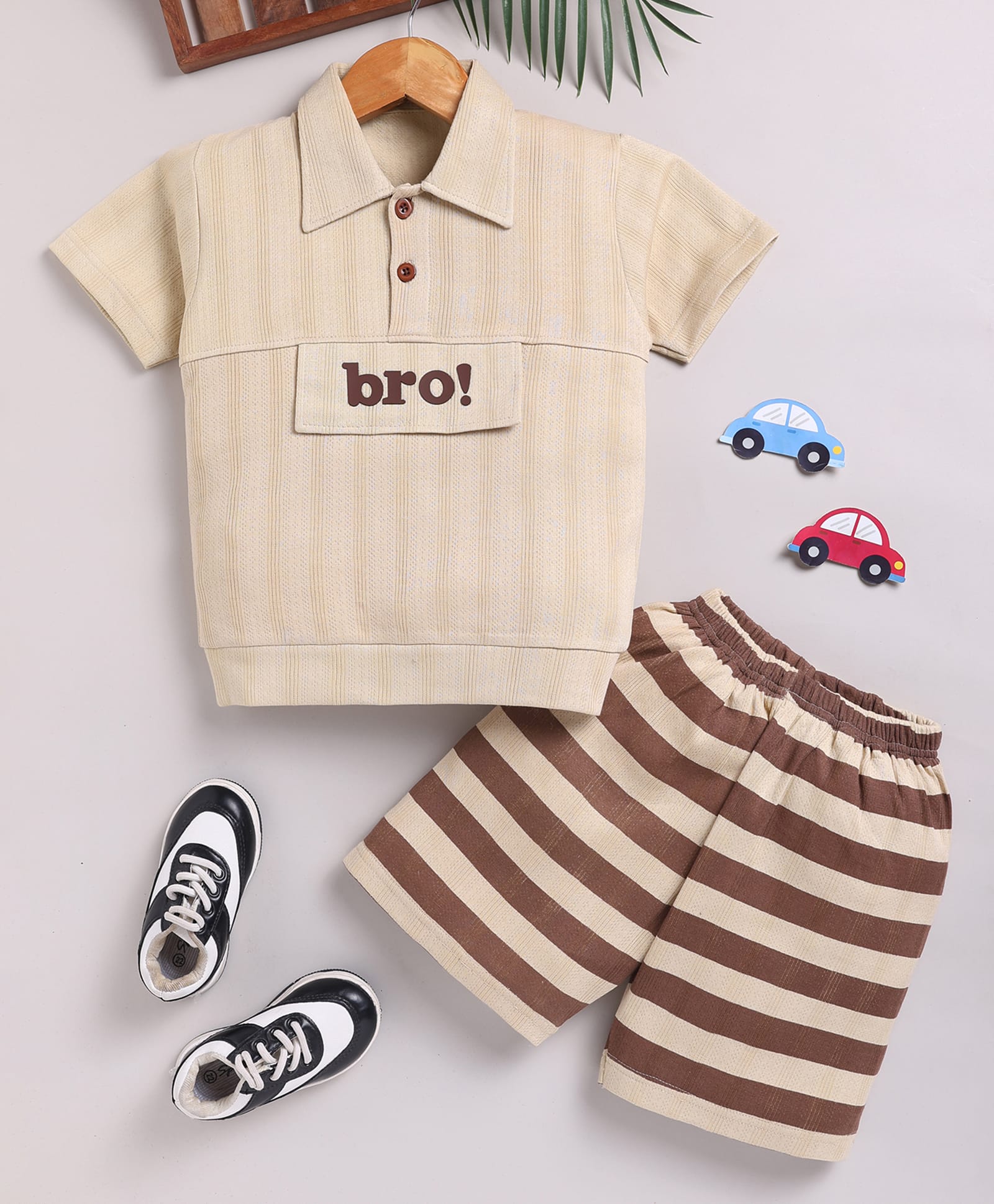 TOONYPORT Cotton Knit Half Sleeves Bro Text Printed Tee & Shorts Set - Brown-picture-14