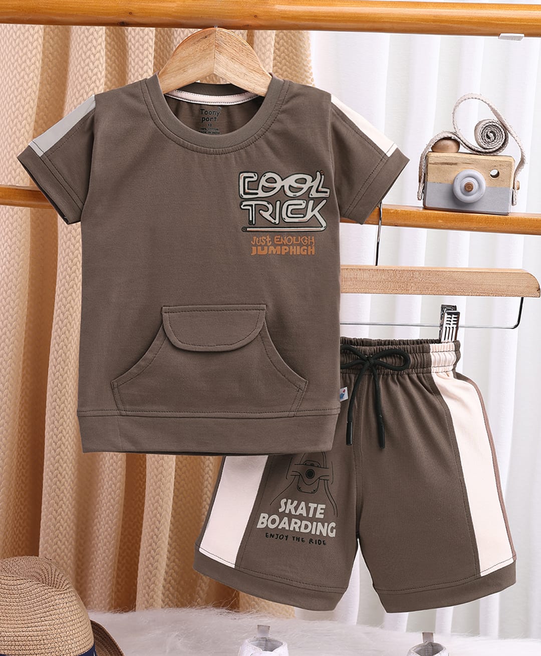 TOONYPORT Cotton Knit Half Sleeves Cool Trick Text Printed Tee & Shorts Set - Brown-image-31