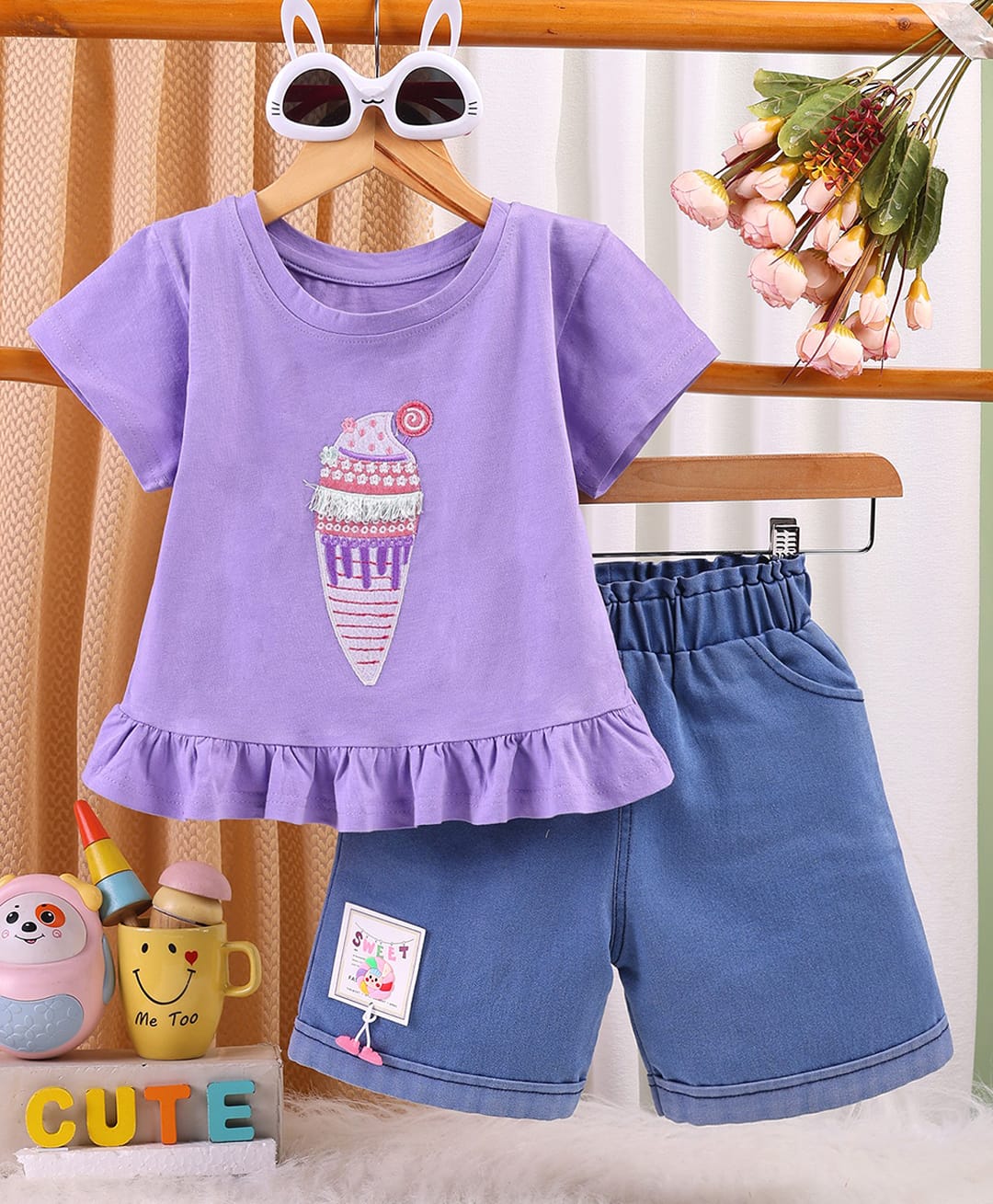 TOONYPORT Cotton Knit Half Sleeves Ice Cream Printed Tee & Shorts Set - Purple-image-32