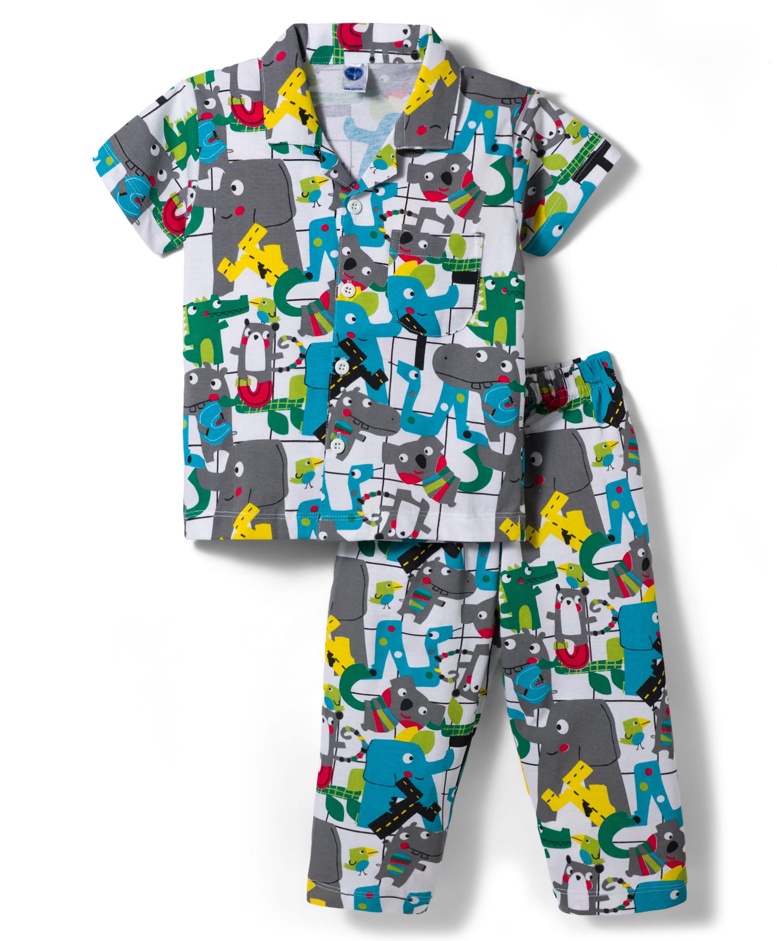 Teddy Sinker Knit Half Sleeves Dino Printed Co-Ords Pyjama Night Suit - White-picture-47