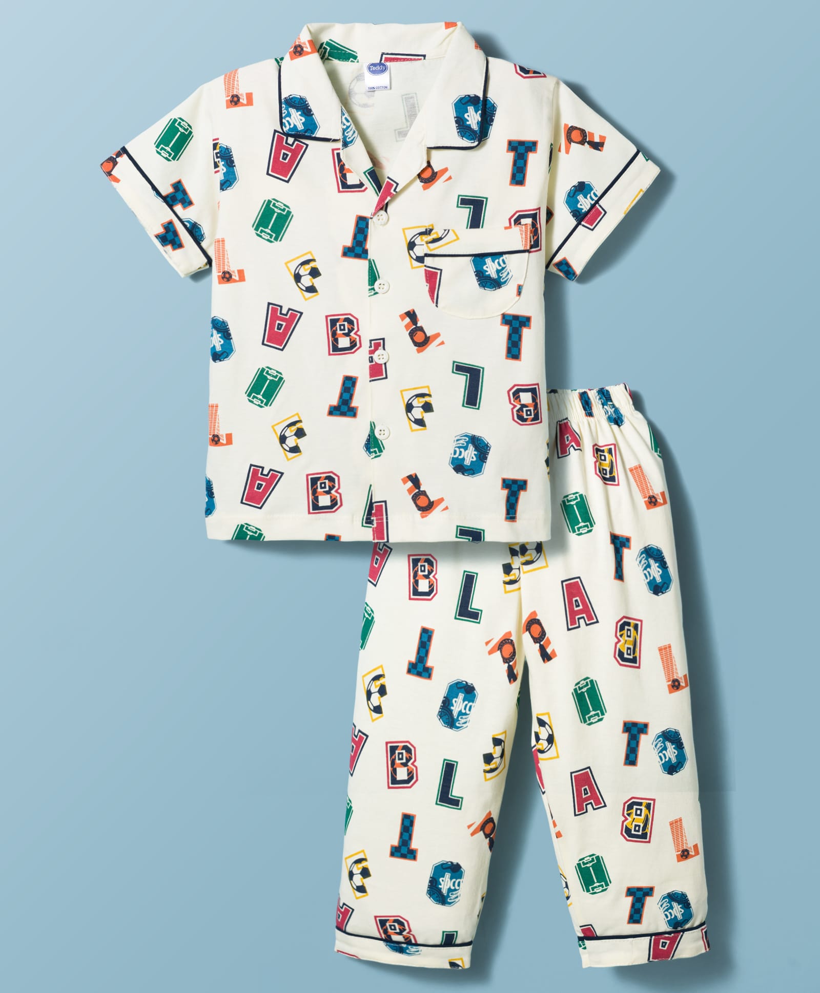 Teddy Sinker Knit Half Sleeves Number & Sports Theme Printed Co-Ords Shirt & Pyjama Night Suit - Beige-picture-4