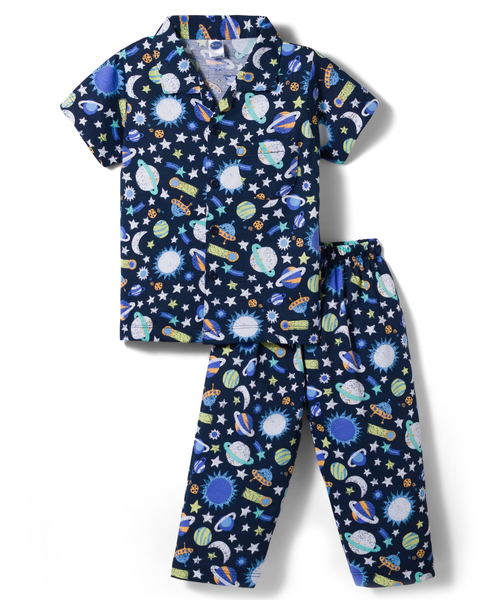 Teddy Sinker Knit Half Sleeves Space Theme Printed Co-Ords Pyjama Night Suit - Navy-image-15