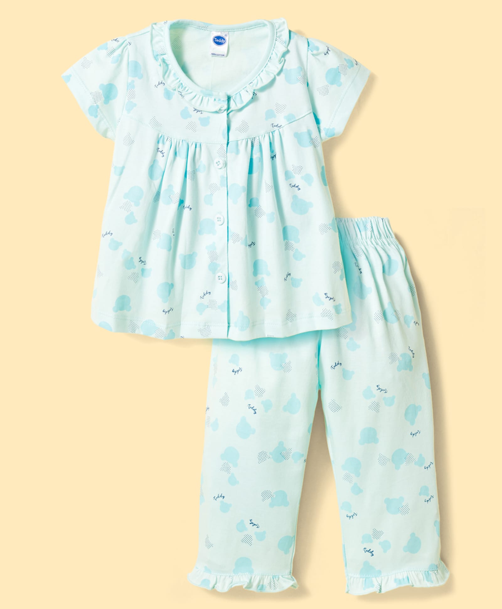 Teddy Sinker Knit Half Sleeves Printed Top & Pyjama Co-ords Night Suit - Light Blue-image-37