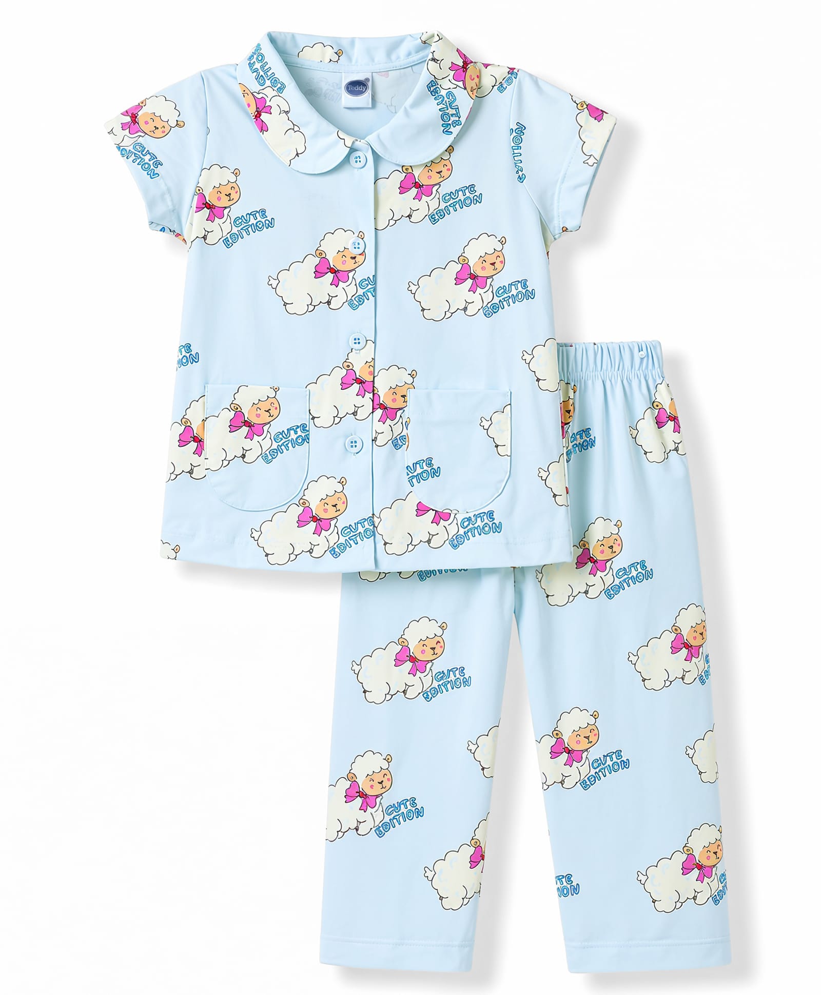 Teddy Sinker Knit Half Sleeves Shirt & Pyjama Co-ord Night Suit with Sheep Print - Blue-image-20