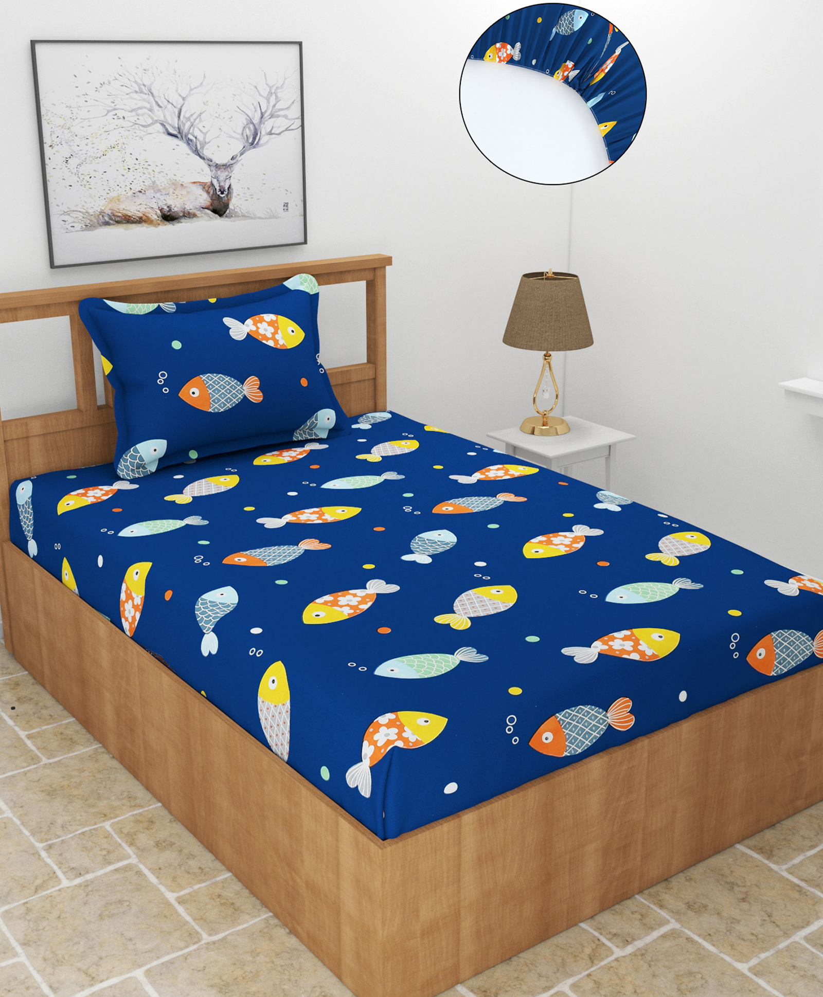 MORADO Premium Glace Cotton Fitted Elastic Single Bedsheet with 1 Pillow Cover (36x72x8 Inches)-Navy Blue-image-44