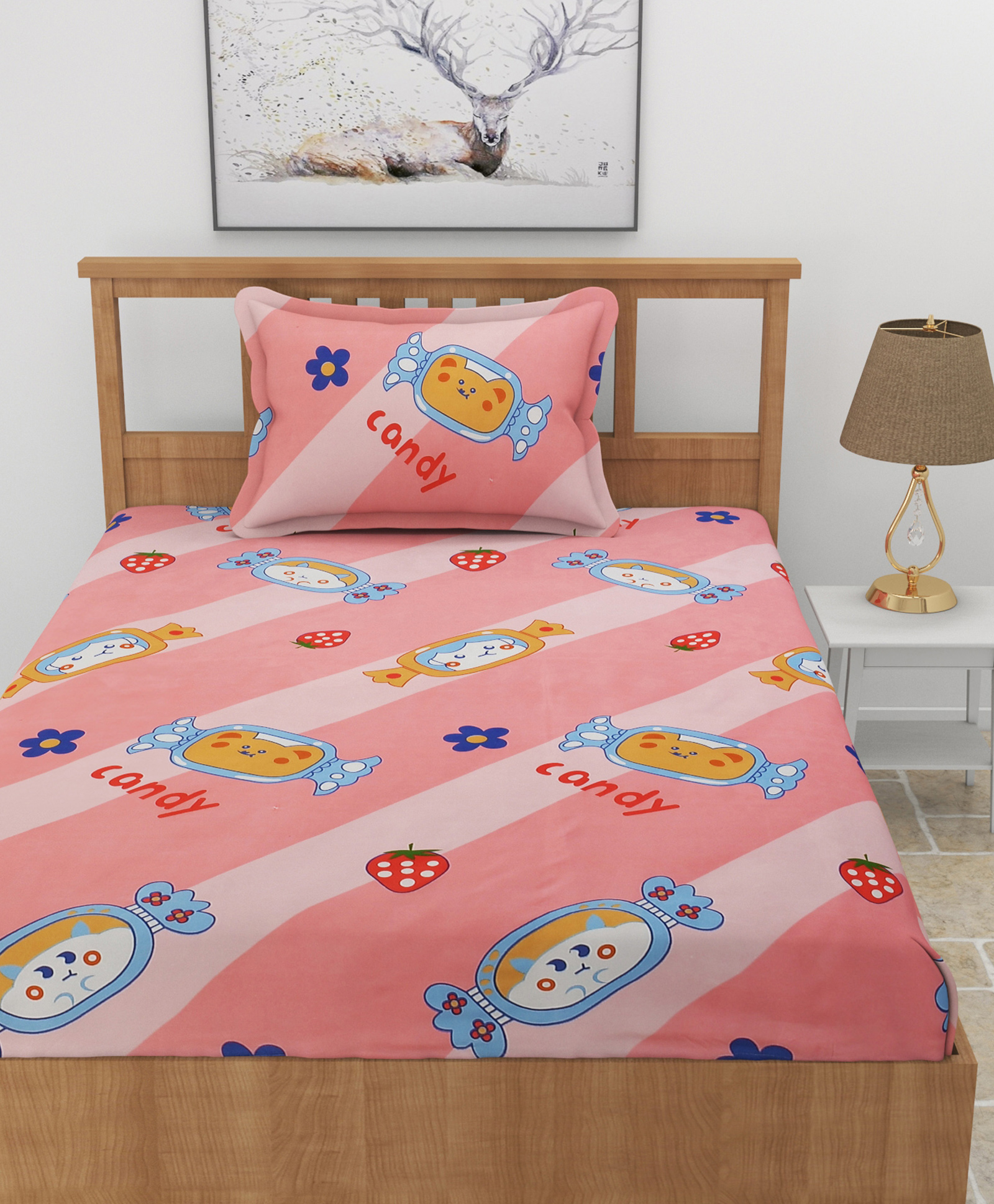 MORADO Premium Glace Cotton Fitted Elastic Single Bedsheet with 1 Pillow Cover (36x72x8 Inches)-Light Pink-picture-11
