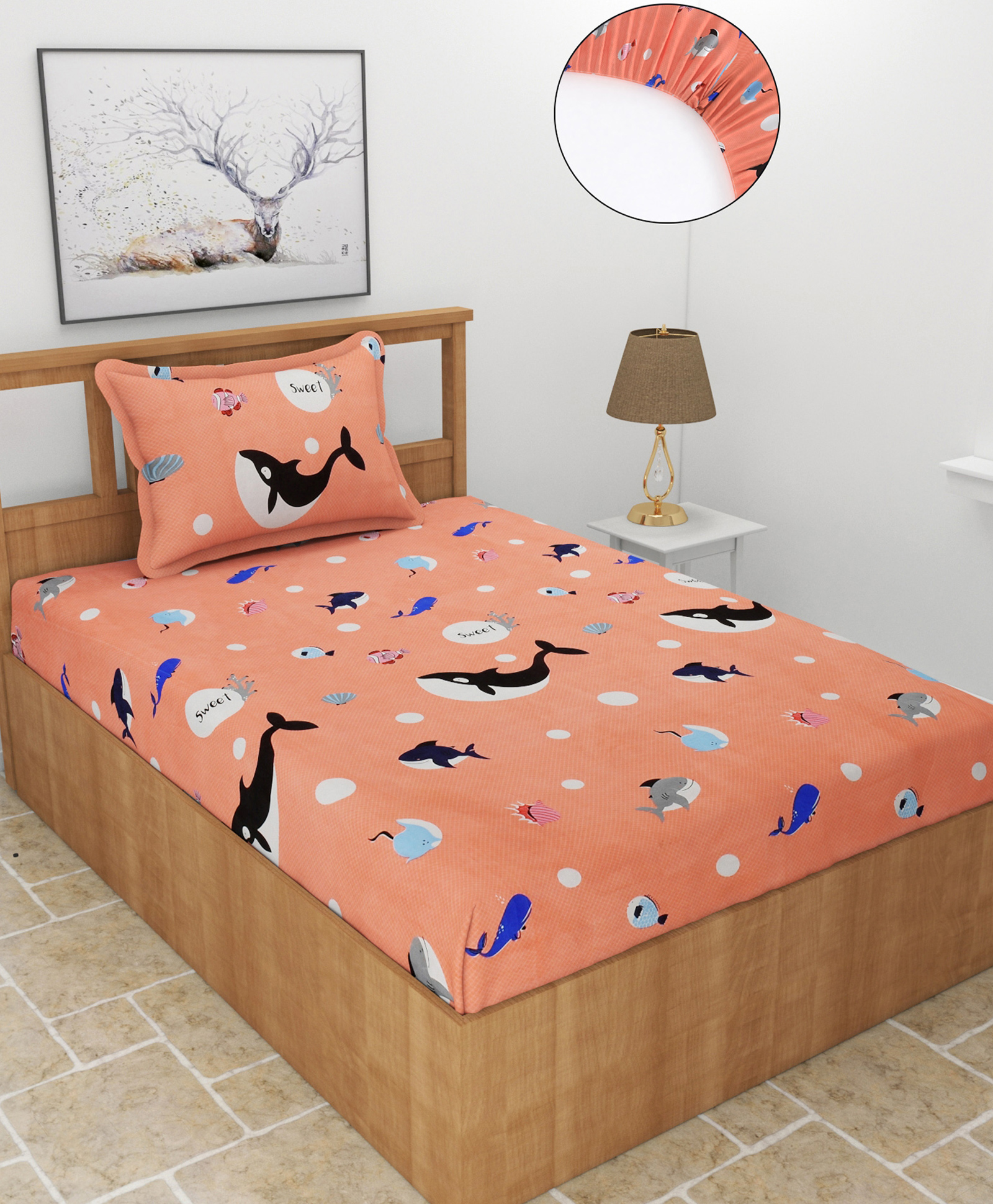 MORADO Premium Glace Cotton Fitted Elastic Single Bedsheet with 1 Pillow Cover (36x72x8 Inches)-Dark Peach-image-26