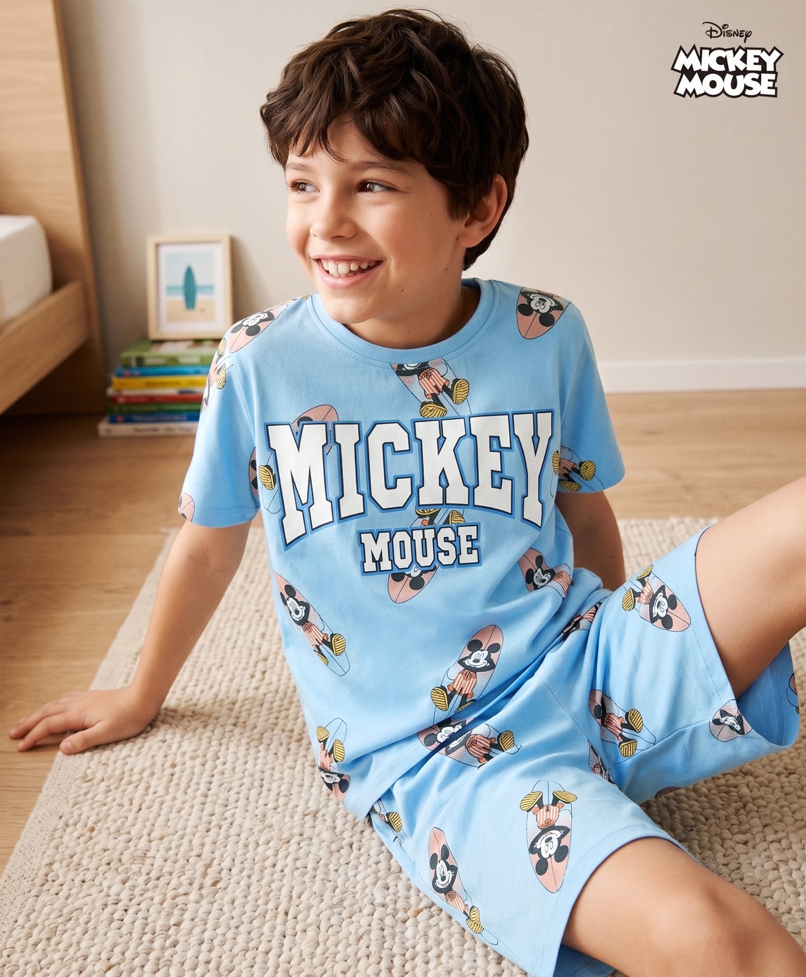 Pine Kids Disney Single Jersey Knit Half sleeves T-shirts & Shorts Night Suit With Mickey Mouse Print - Light Blue-picture-24