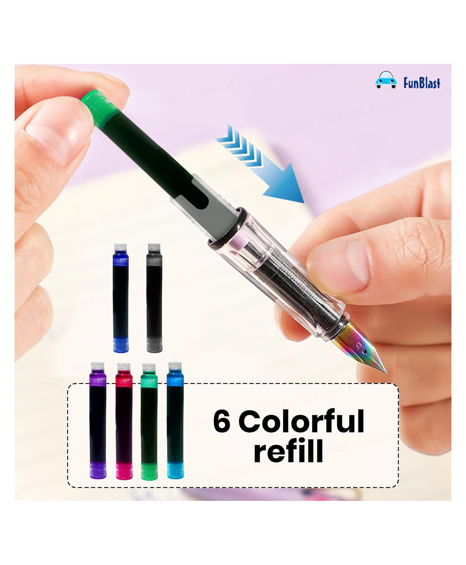 FunBlast Luxury Fountain Pen with 6 Different Ink Refills for Kids Pack of 1 Pen (Multicolor-D)-picture-24