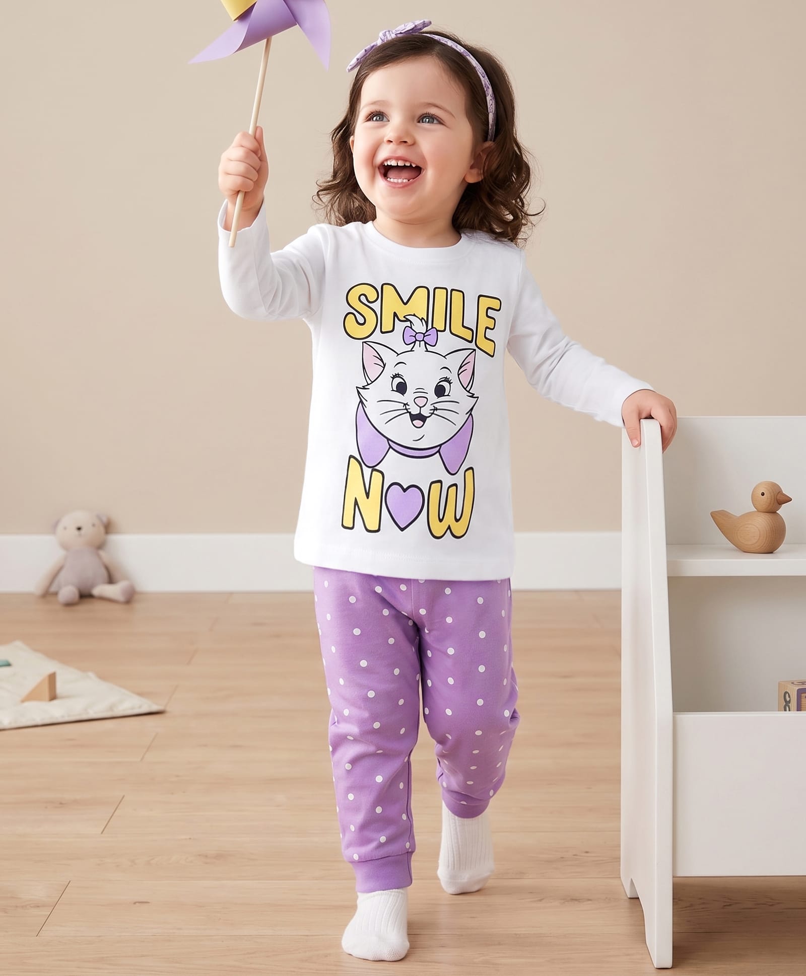 Babyhug Disney Cotton Knit Full Sleeves T-Shirt & Pyjama Night Suit With Polka Dots & Marie Graphic - Multi Color-image-6