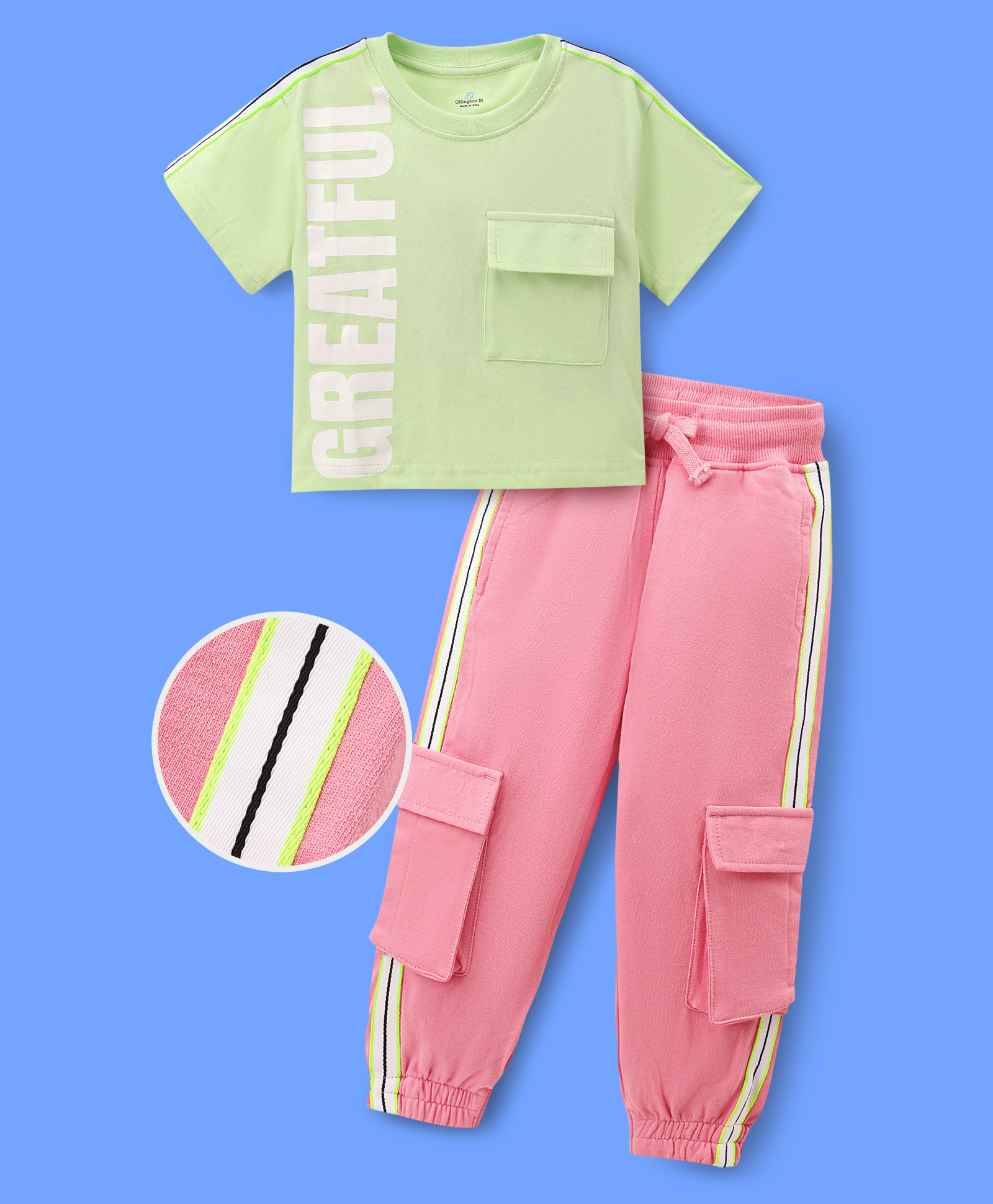 OLLINGTON ST. Sinker Knit Half Sleeves Text Printed T-Shirt & Joggers With Cargo Pockets - Lime Green & Pink-image-14