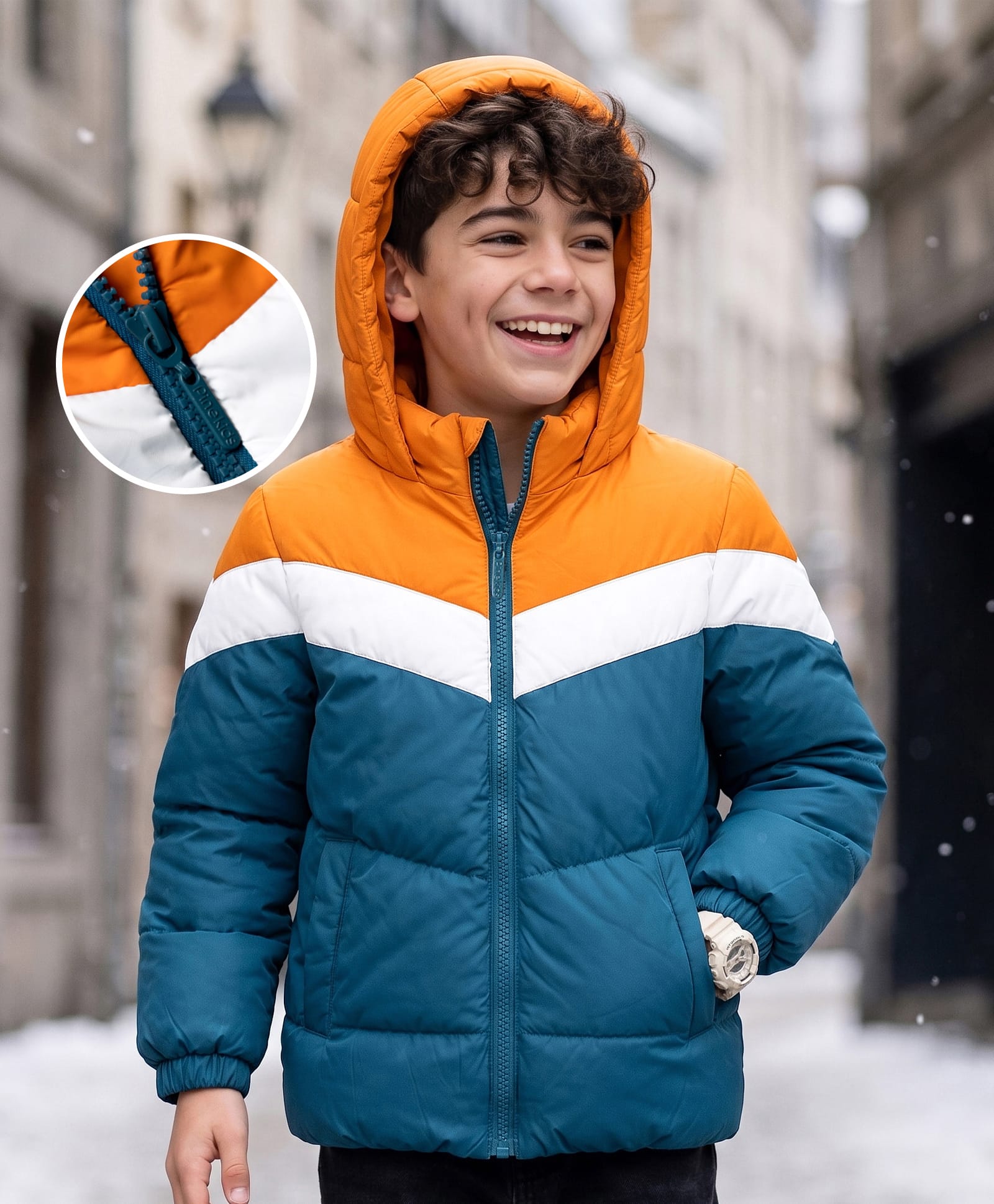Pine Kids Woven Full Sleeves Hooded Padded Jacket with Colour Block Design - Blue-image-28