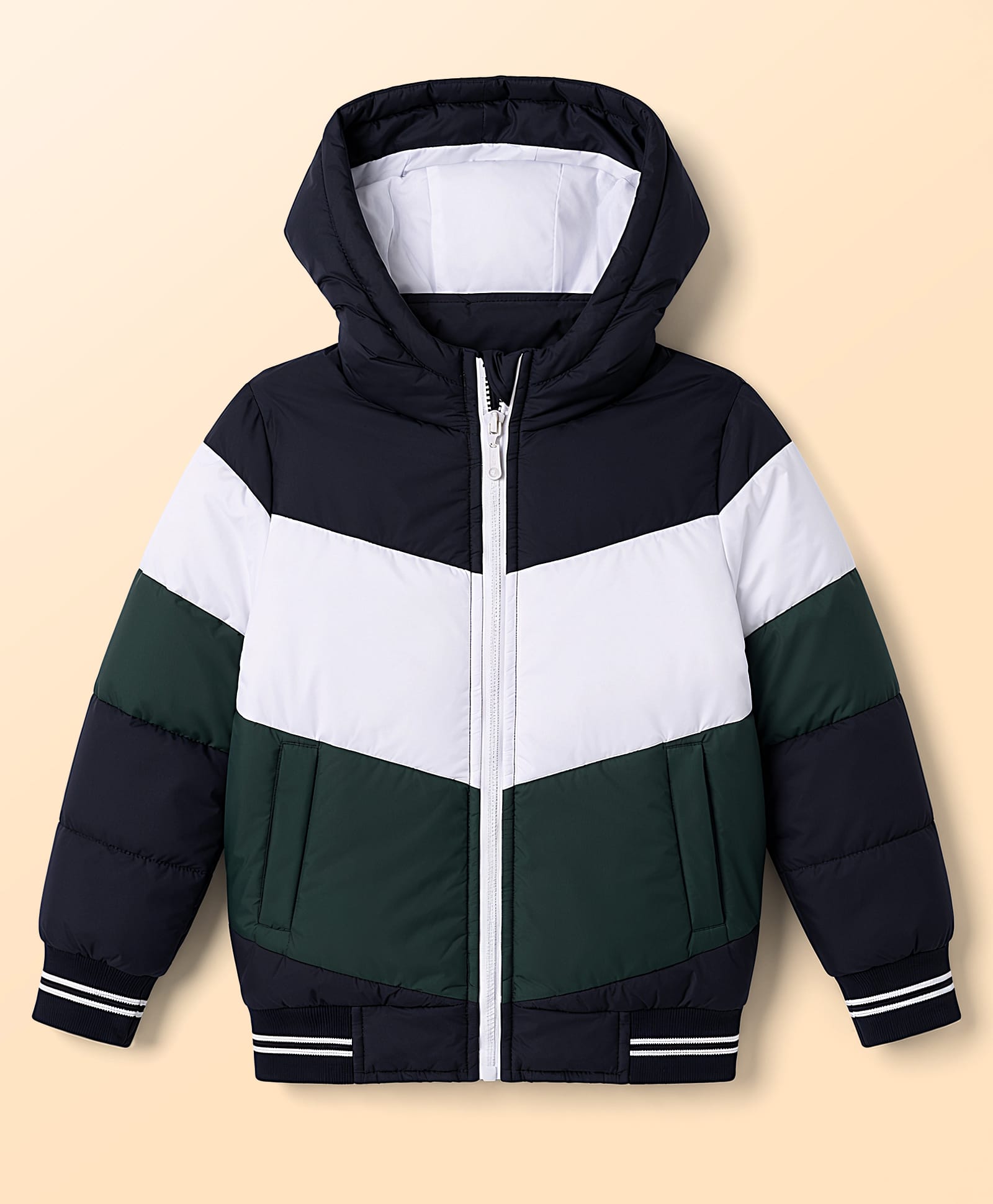 Pine Kids Woven Full Sleeves Hooded Padded Jacket - White & Green-picture-10