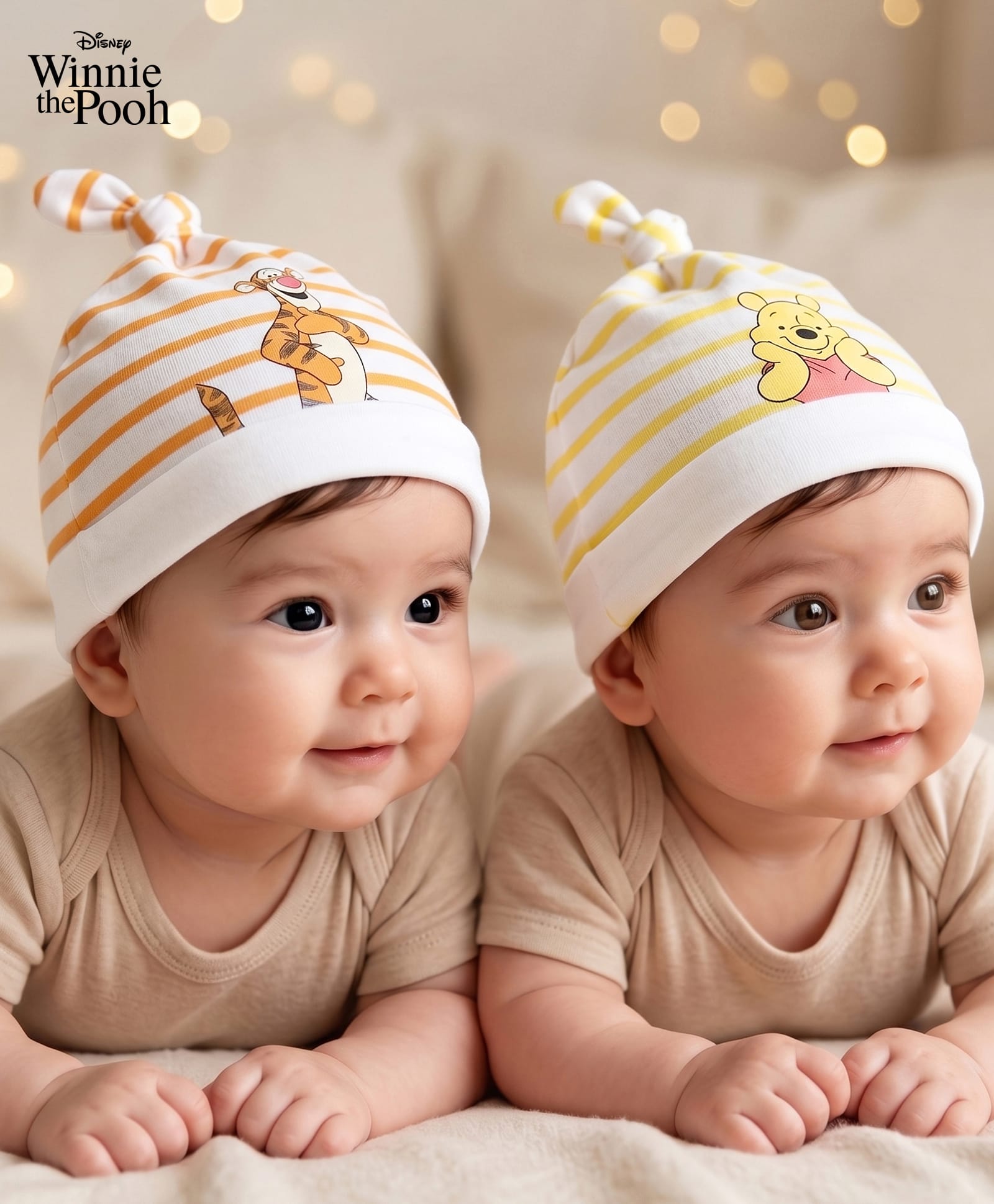 Babyhug Interlock Knit Striped Baby Caps with Winnie The Pooh & Tigger Print Pack of 2 Yellow & Dark Orange - Diameter 14 cm-image-41