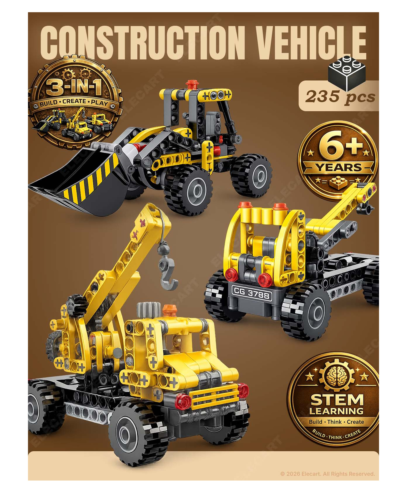 Plastic Educational Building Blocks City 3 in 1 Engineering Vehicle Grab Construction Children DIY Brick Toys 235 Pieces-image-5