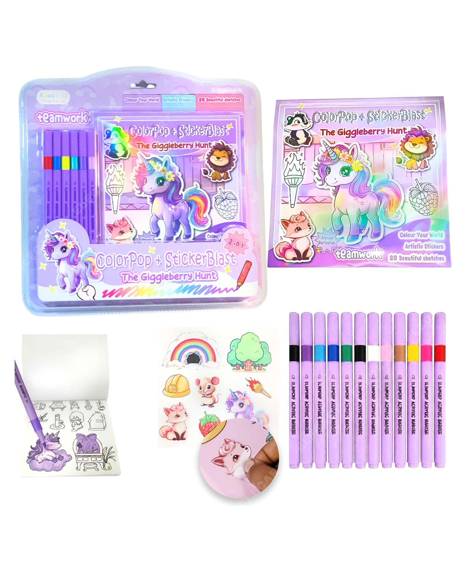 Elecart Coloring Sticker Book Set for Kids 2-in-1 Colouring & Sticker Activity Book with 12 Markers | Princess Art & Craft Kit for Girls & Boys | Drawing, DIY Sticker Play Set, (Pack 1 Random Colour)-image-23