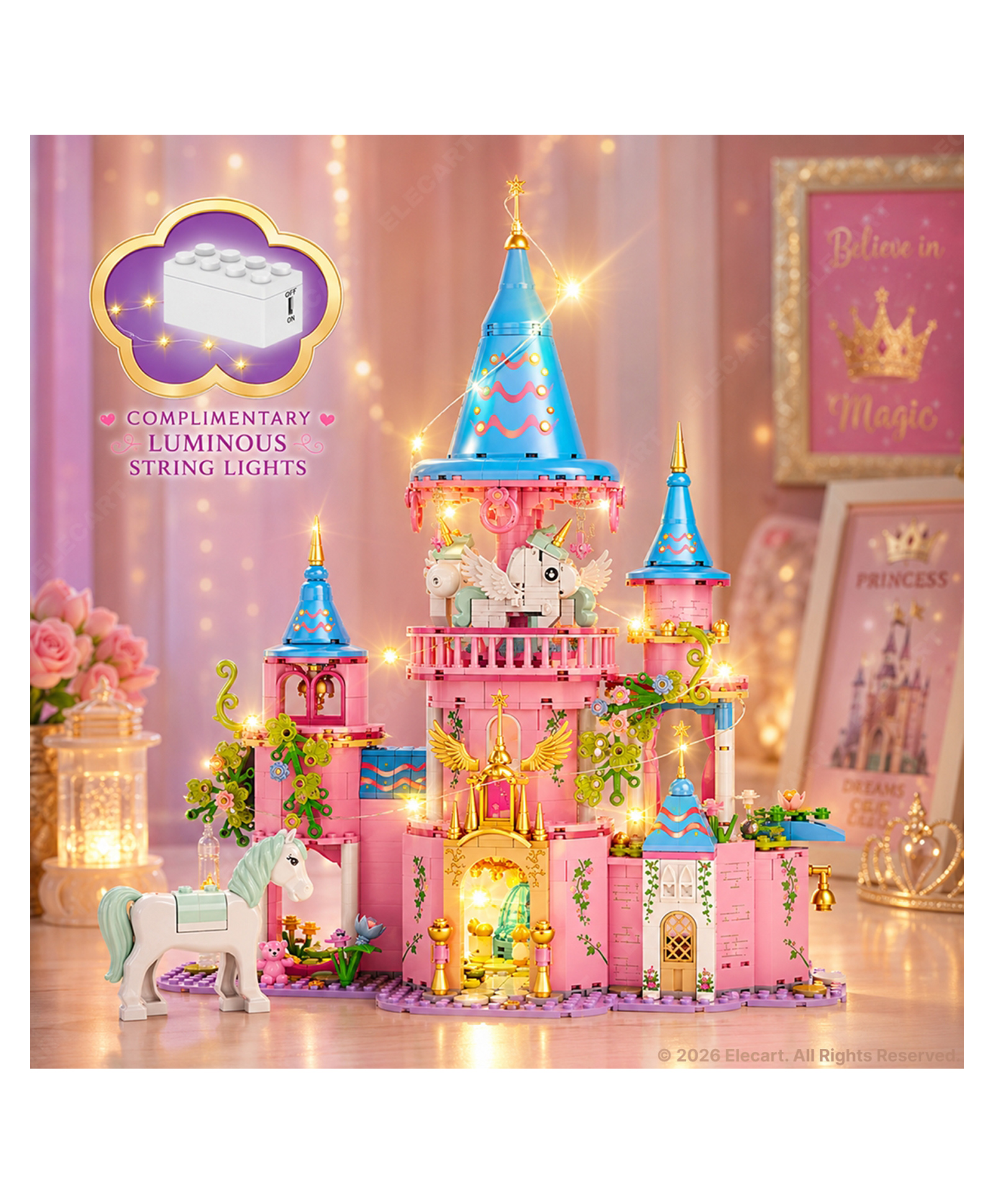 Elecart Fairytale Carousel Castle Building Blocks Toy 974 Pieces Princess Castle Amusement Park Construction Set, DIY Pink Building Bricks, STEM Educational Toy Gift for Girls 6+ Years-image-27