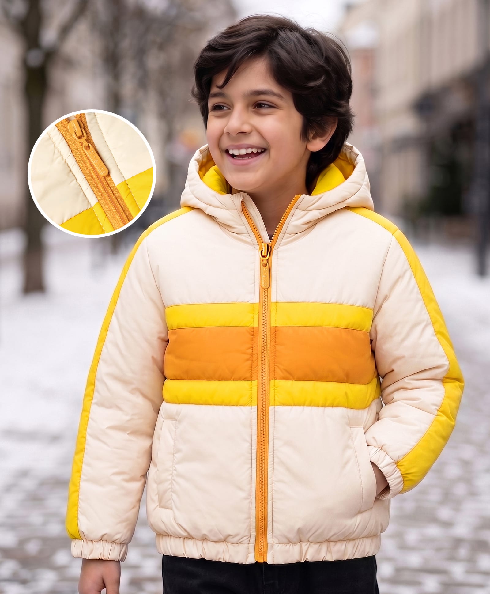 Pine Kids Woven Full Sleeves Hooded Padded Jacket with Colour Block Stripes - Off White-picture-22