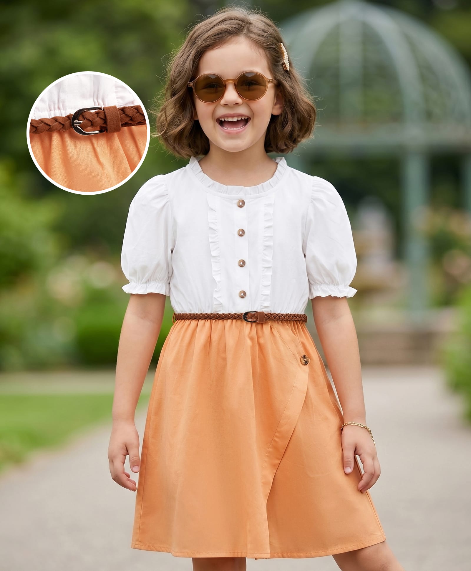 Hola Bonita Cotton Woven Dress Half Sleeves Round Neck with Belt Multi Color 6-7 Years-picture-21