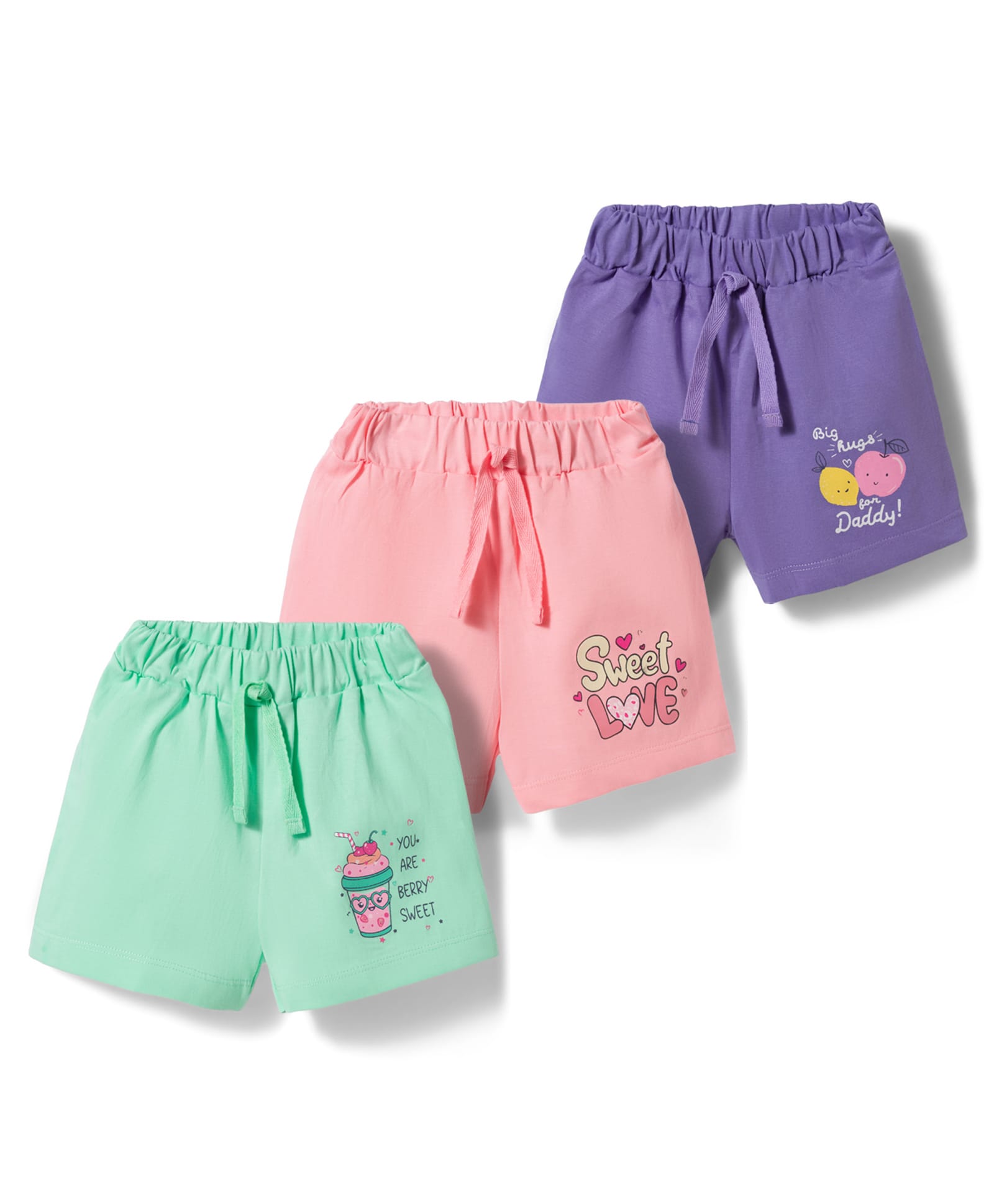 Teddy Sinker Knit Knee Length Text Printed Shorts Pack Of 3 - Pink Sea Green & Purple-image-38