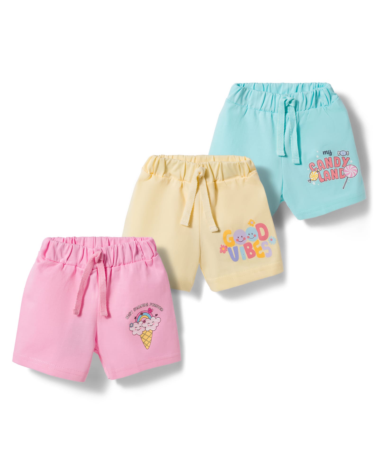 Teddy Sinker Knit Knee Length Text Printed Shorts Pack Of 3 - Pink Light Yellow & Light Blue-picture-28