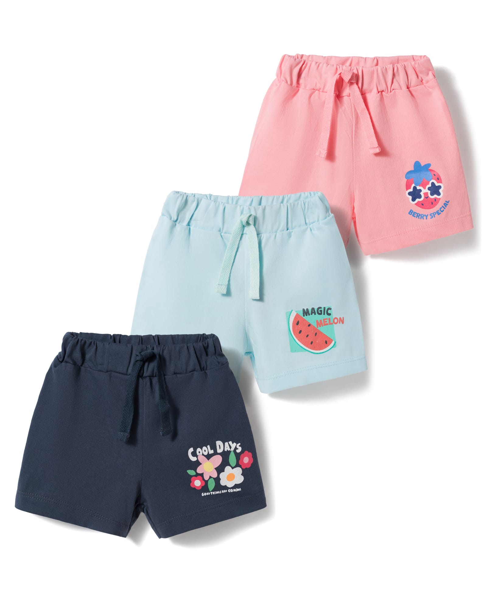Teddy Sinker Knit Knee Length Shorts With Strawberry Watermelon & Floral Print Pack Of 3 - Pink Light & Navy Blue-picture-10