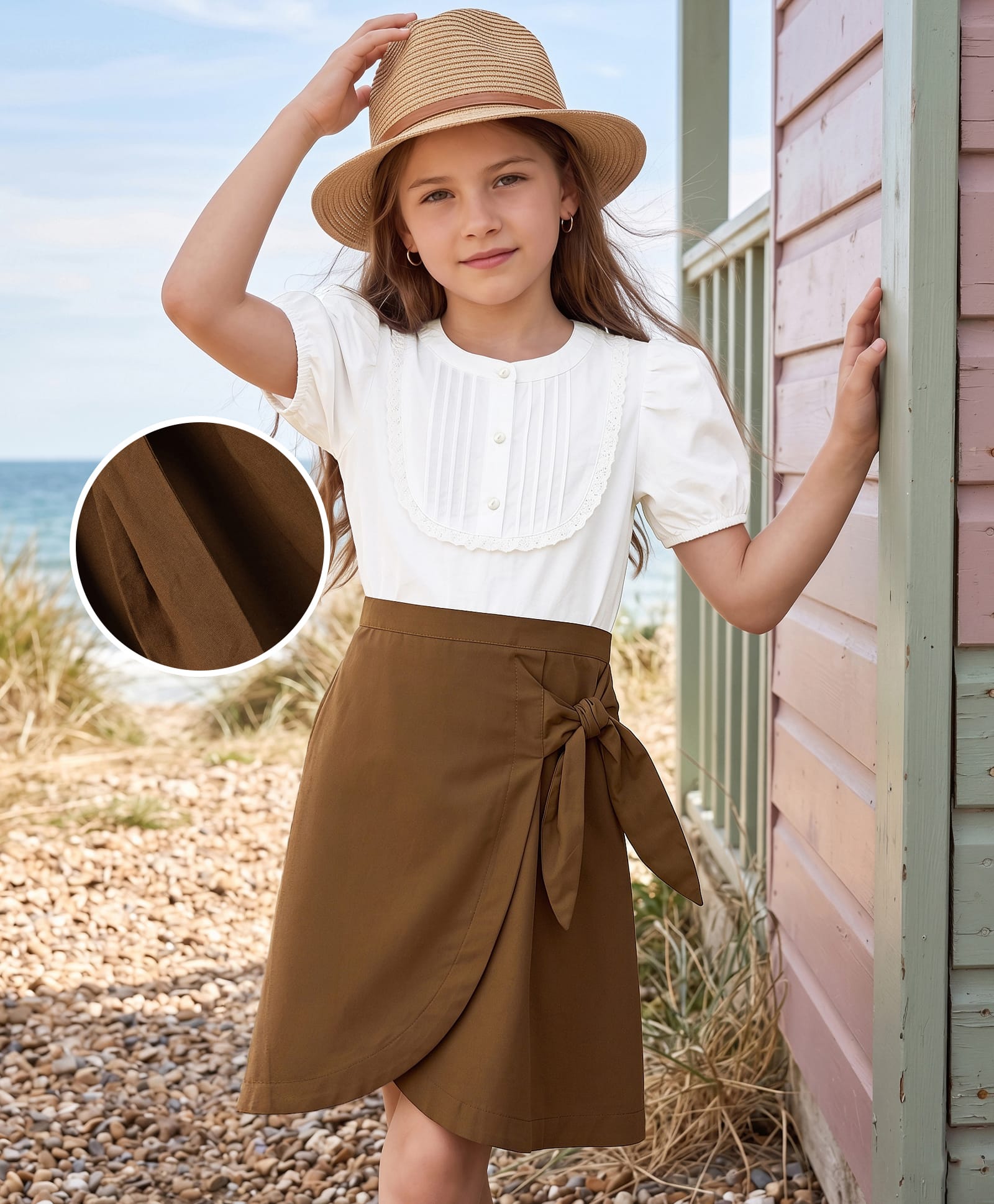 Hola Bonita Woven Half Puffed Sleeves Solid Color Dress with Lace Detailing - Multicolor-image-2