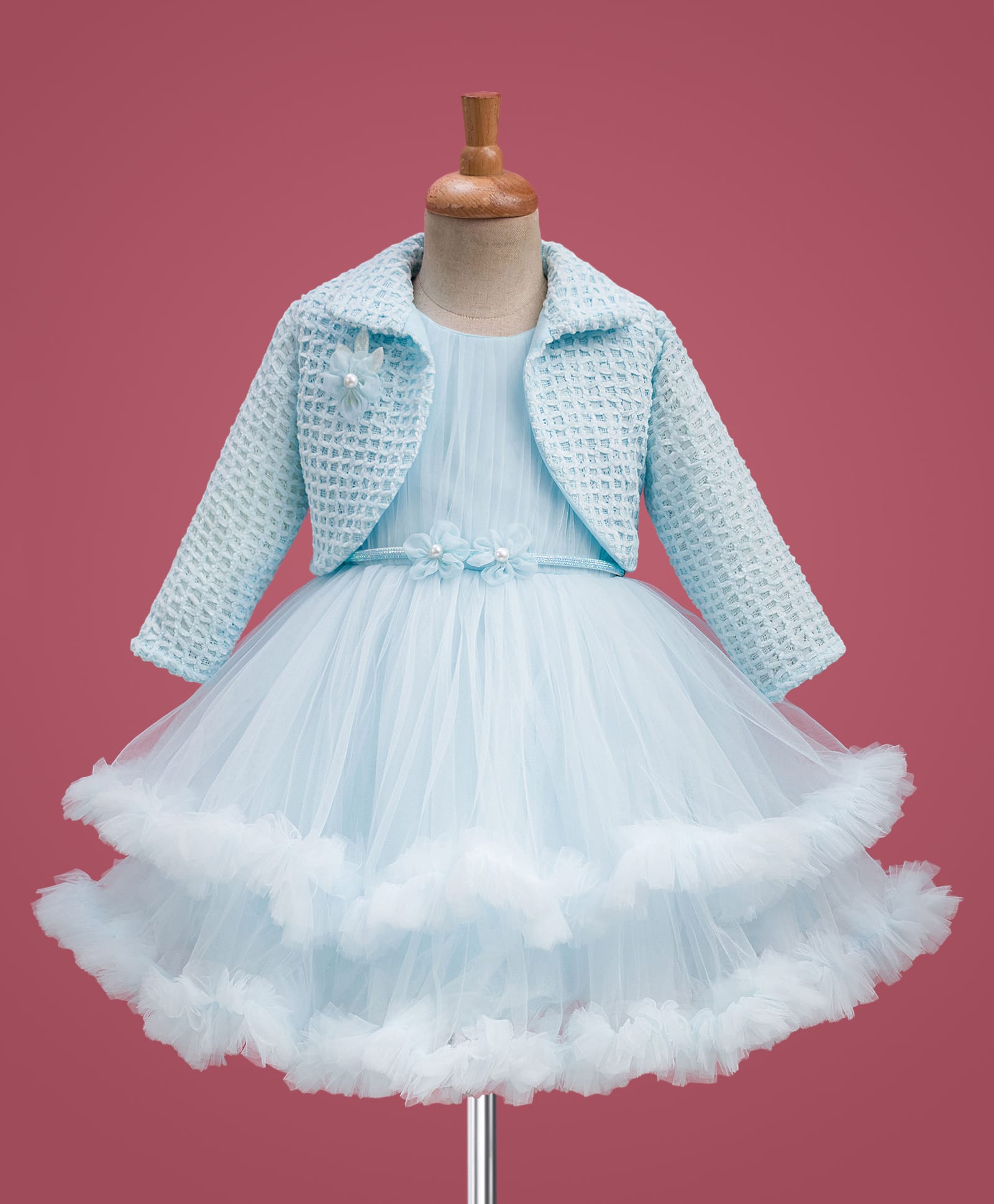 Enfance Woven Full Sleeves Layered Dress With Checks Pattern Jacket - Light Blue-image-11