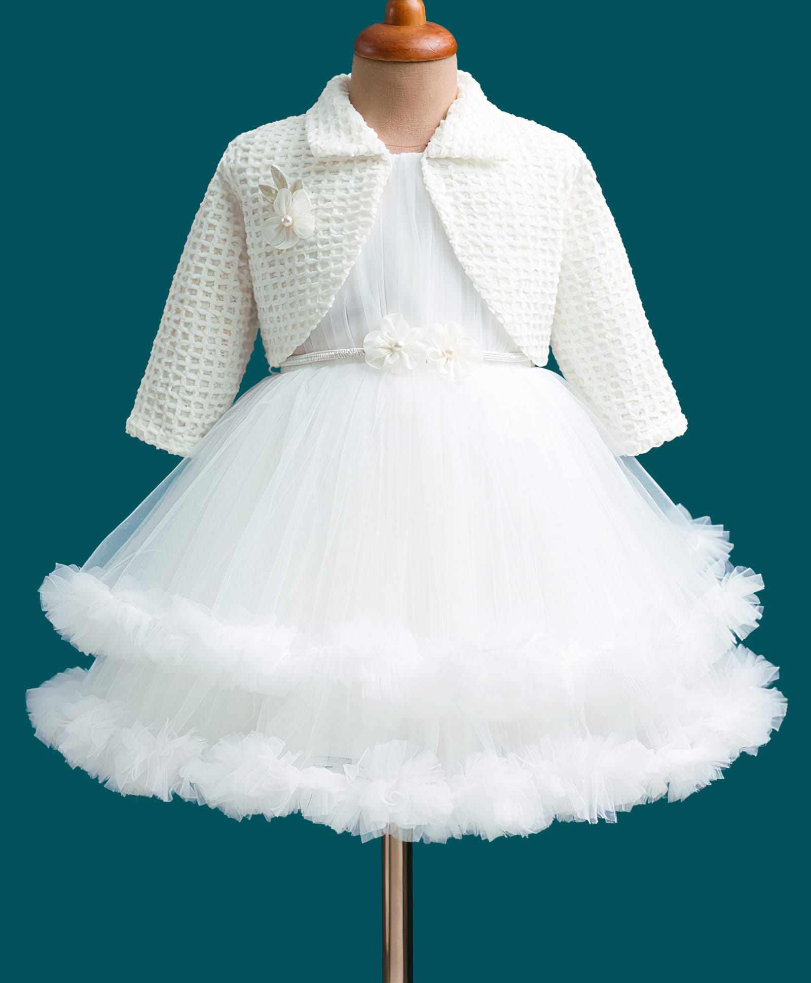 Enfance Woven Full Sleeves Layered Party Dress With Checks Jacket - White-picture-31