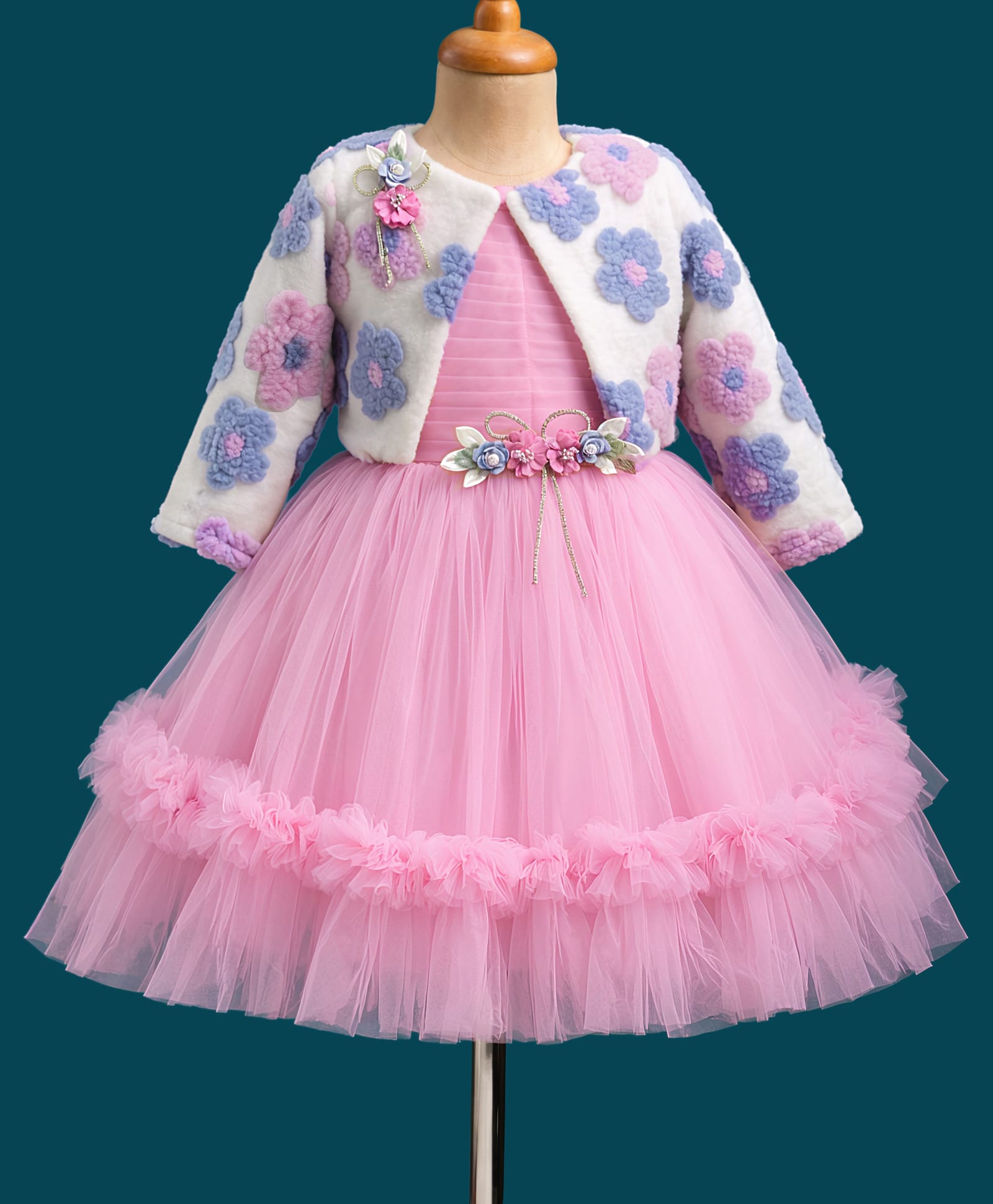Enfance Woven Full Sleeves Flower Embroidered & Embellished Dress With Jacket - Lavender-image-48