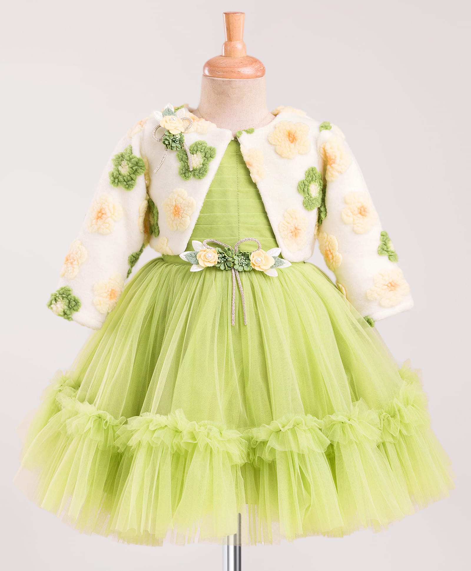 Enfance Woven Full Sleeves Flower Embroidered & Embellished Dress With Jacket - Olive Green-picture-2