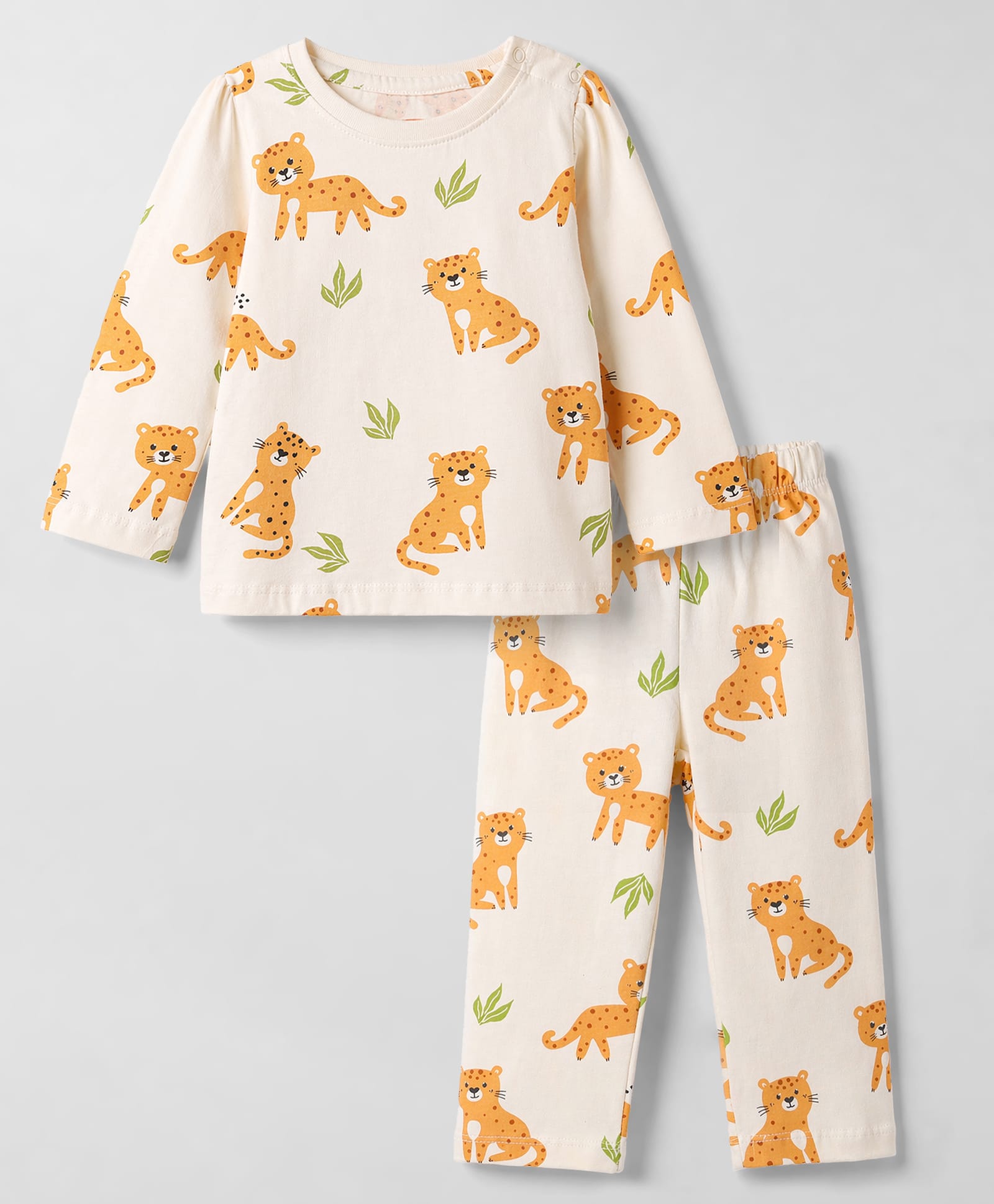Babyhug Cotton Knit Full Sleeves T-Shirt & Pyjama Night Suit with Cub Print - Off White-image-47