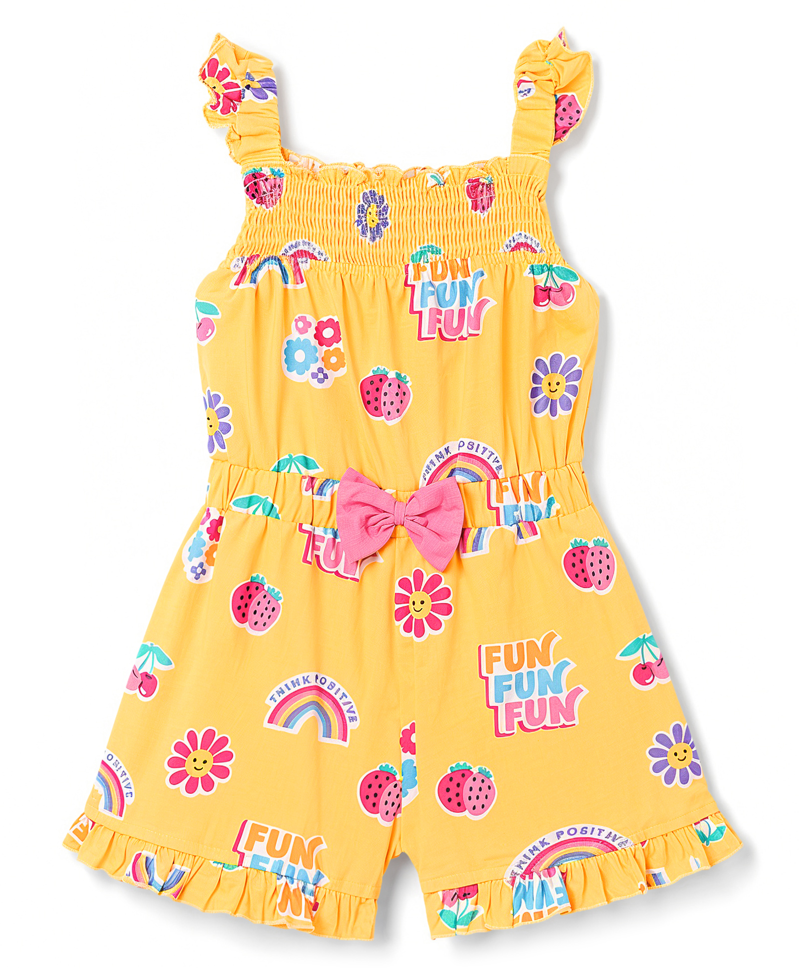 Babyhug Single Jersey Knit Sleeveless Strawberry & Floral Printed Jumpsuit With Bow Applique - Yellow-image-41