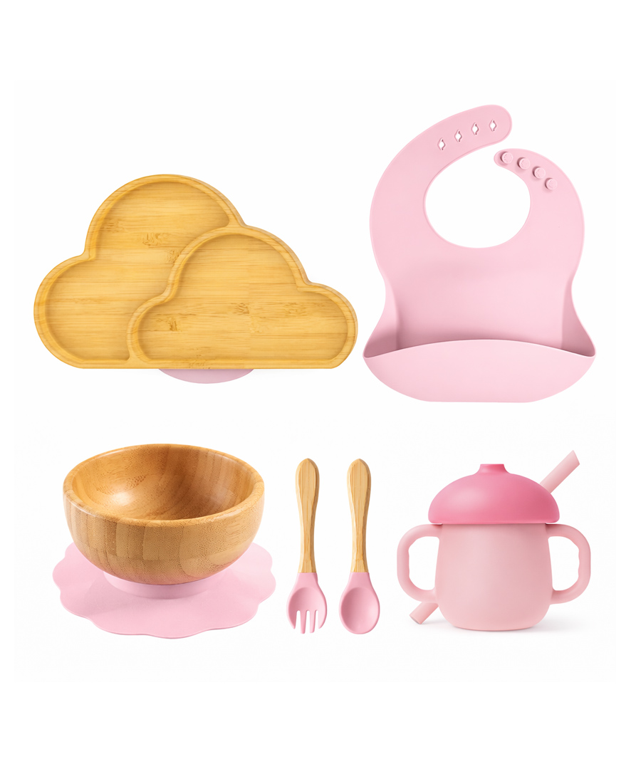Myneemoe Bamboo Baby Feeding Set with Cloud Suction Plate, Bowl, Spoon, Fork, Silicone Bib & Training Cup - 6 Piece Set (6 Months+)-image-17