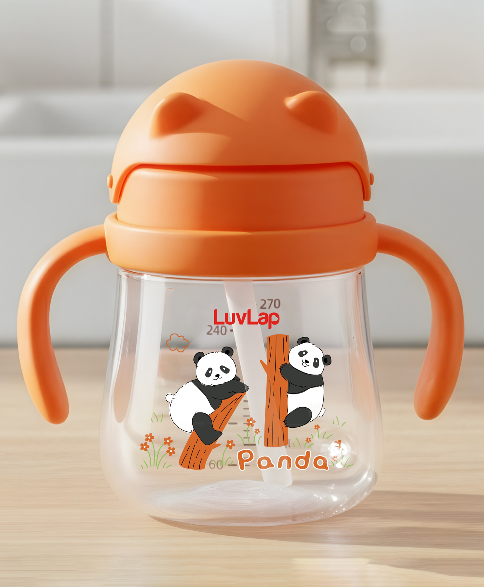 LuvLap Joy Panda Printed Anti Spill Straw Sipper Cup With Twin Easy Grip Handles Soft Silicone Straw BPA Free Orange - 270 ml-picture-49