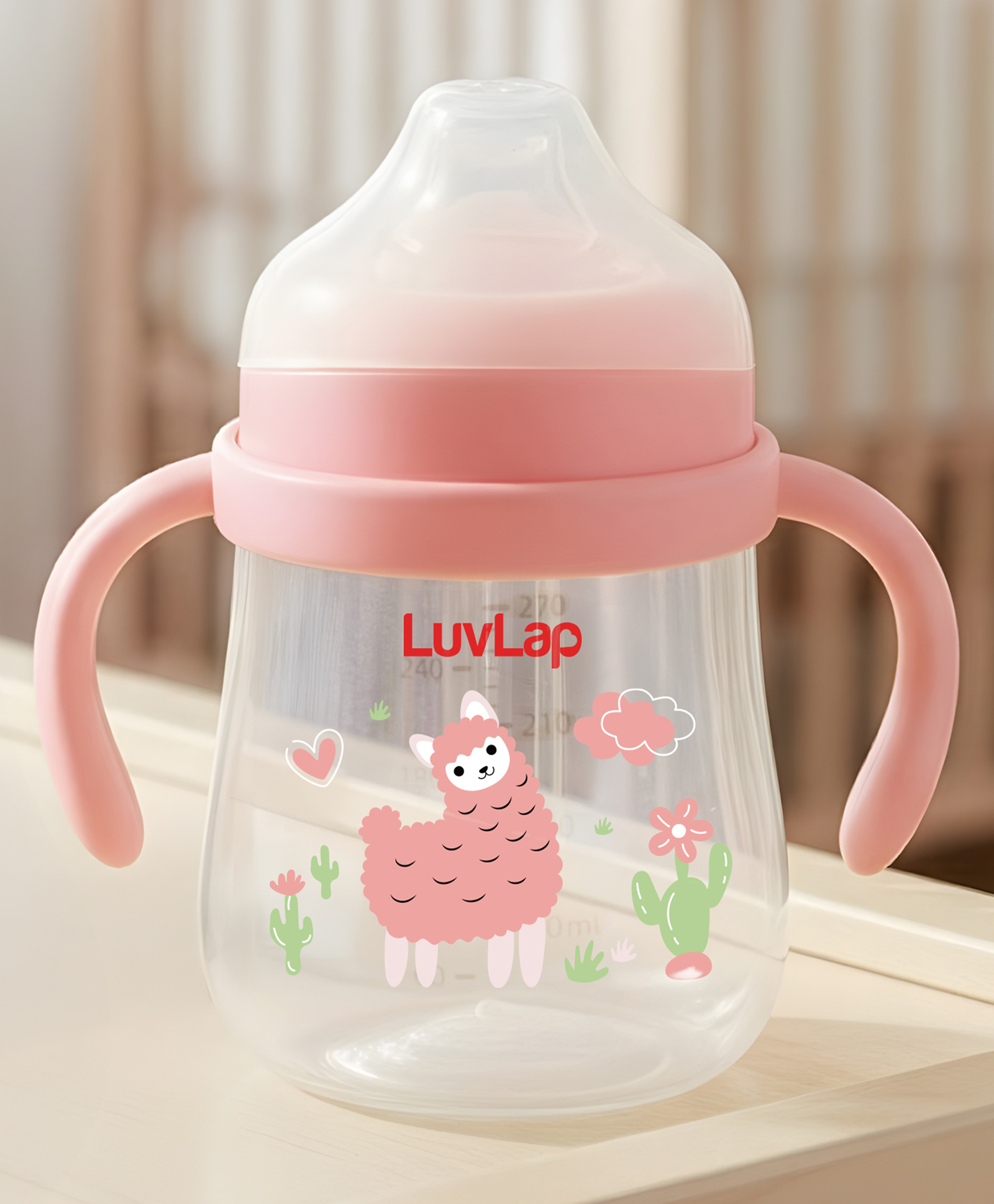 LuvLap Joy Sheep Printed Anti Spill Spout Sipper Cup With Soft Silicone Spout Weighted Straw Twin Handles BPA Free Pink - 270 ml-image-17