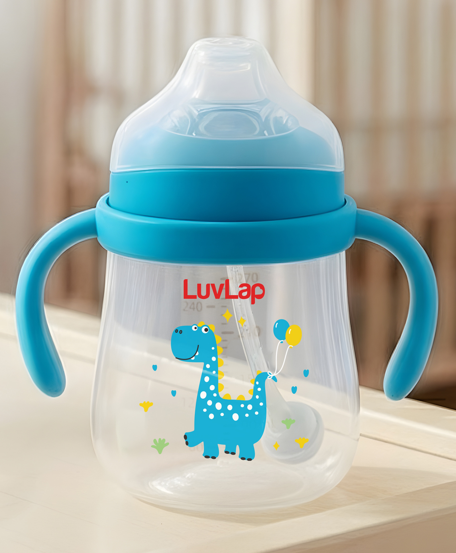 LuvLap Joy Dino Printed Anti Spill Spout Sipper Cup With Soft Silicone Spout Weighted Straw Twin Handles BPA Free Blue - 270 ml-image-42