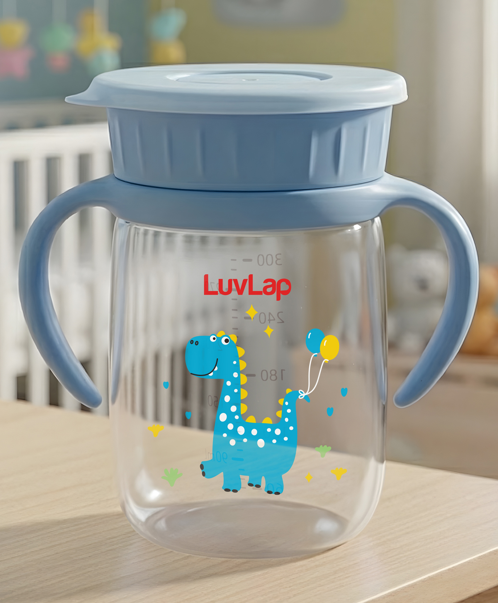 LuvLap Shine Dino Printed 360° Trainer Sipper Cup With Leakproof Spillproof Design Twin Easy Grip Handles BPA Free Dust Cover Light Blue- 360 ml-image-22