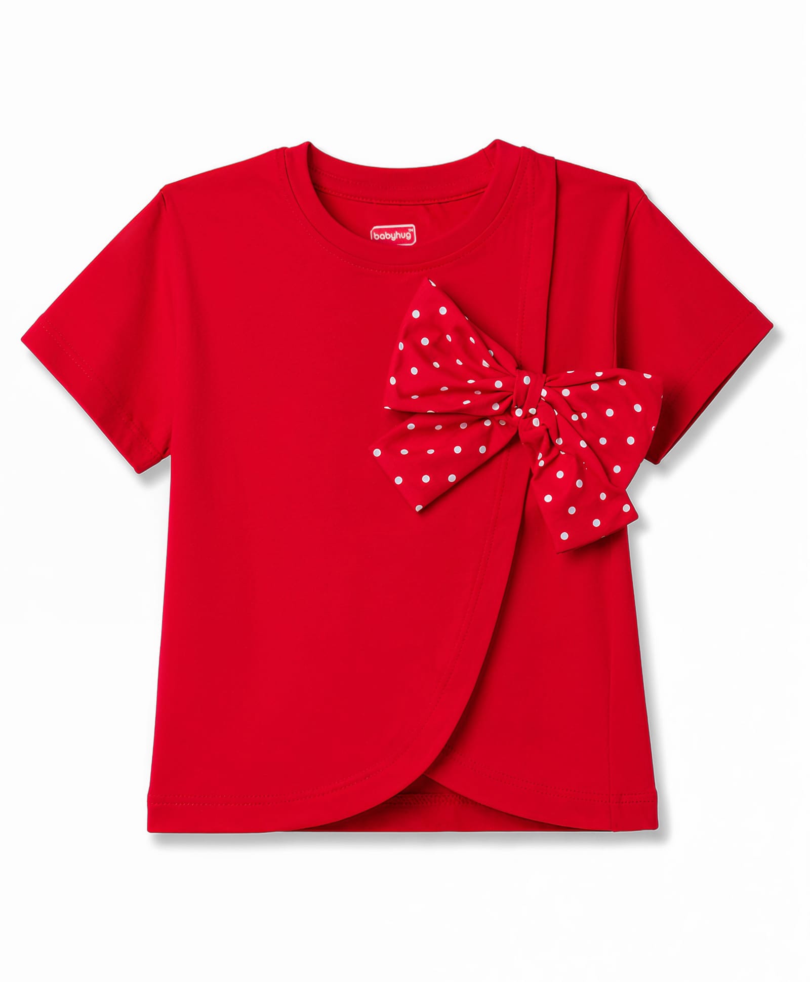 Babyhug 100% Cotton Knit Half Sleeves T-Shirt With Bow Applique & Polka Dots Print - Red-image-19