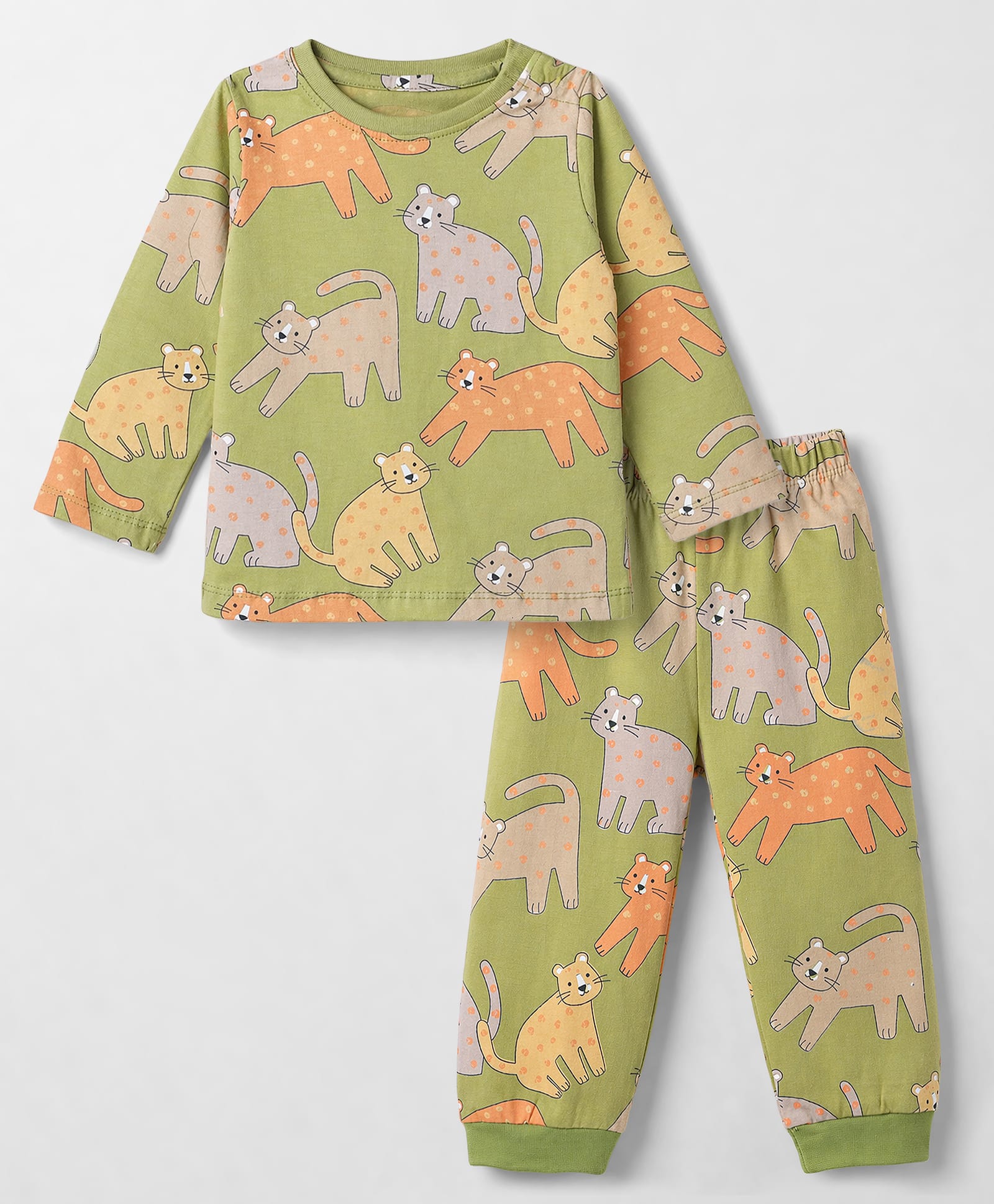 Babyhug Cotton Knit Full Sleeves Co-Ords Pyjama Night Suit with Cat Print - Green-image-45