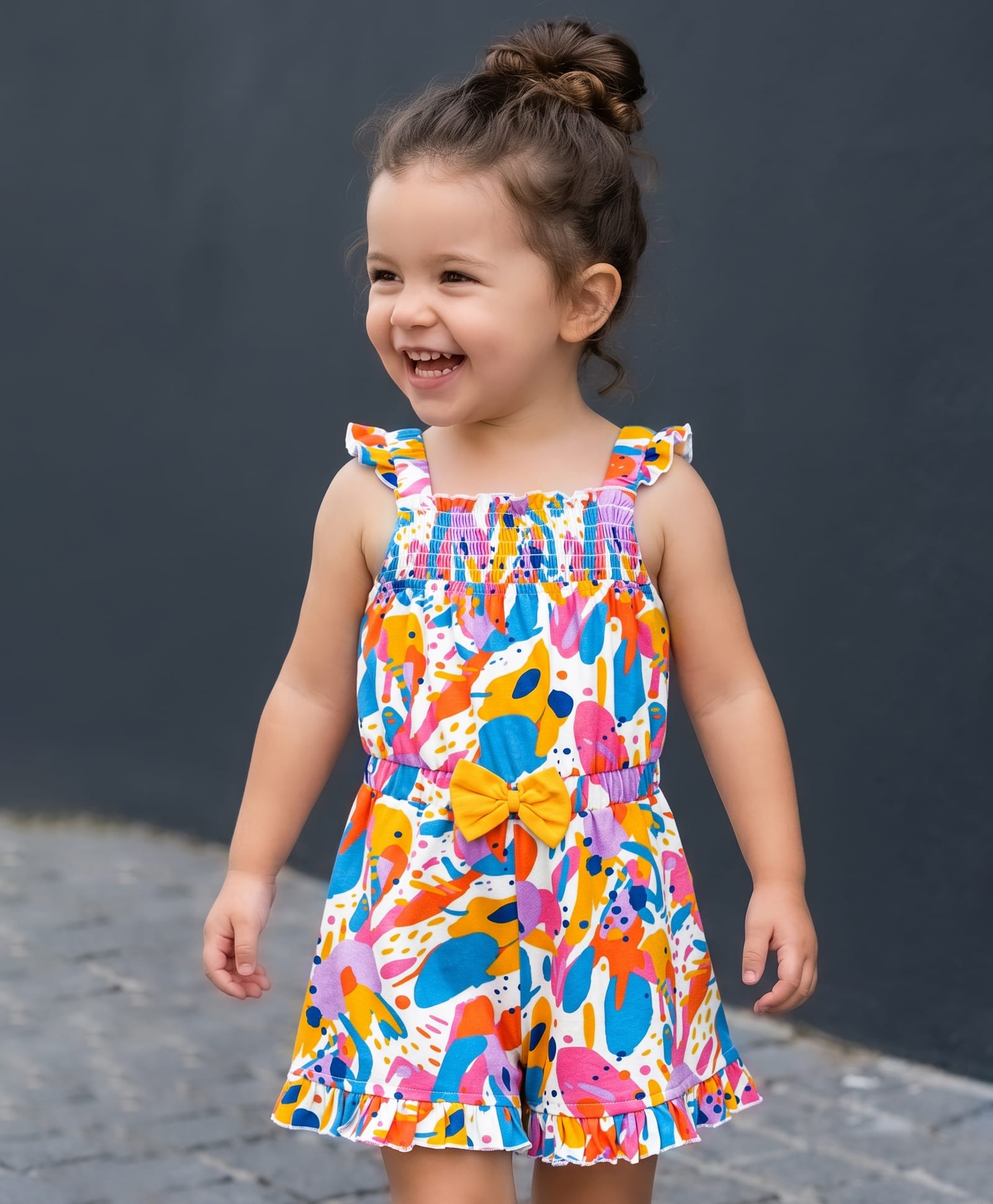 Babyhug Single Jersey Knit Sleeveless Abstract Printed Jumpsuit With Bow Applique - Multicolor-image-39